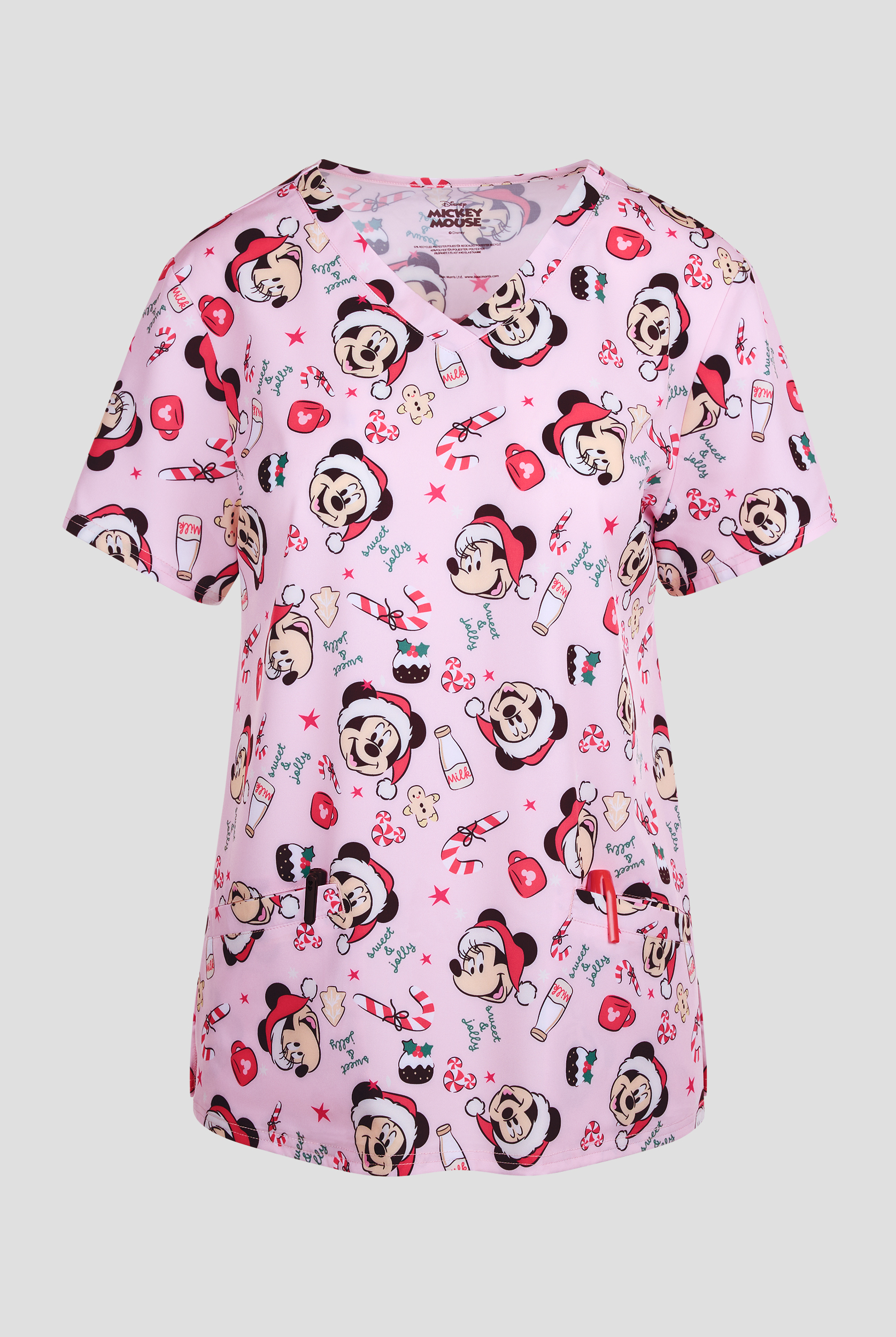 Disney's Mickey Mouse Christmas by Funscrubs Women's 2-Pocket STRETCH V-Neck Print Scrub Top