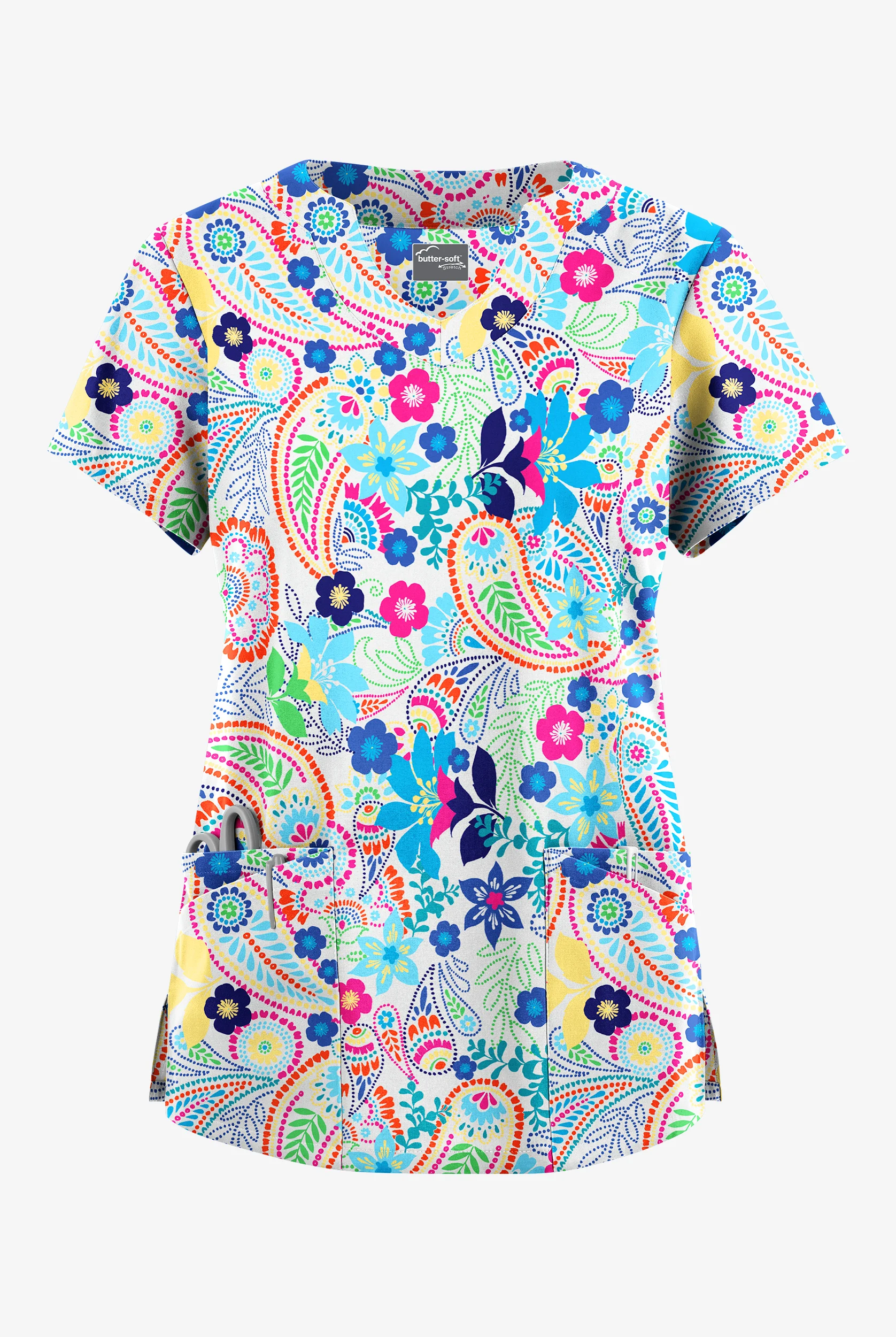 Butter-Soft Originals Royal Paisley Women's 6-Pocket Scallop Neck Print Scrub Top