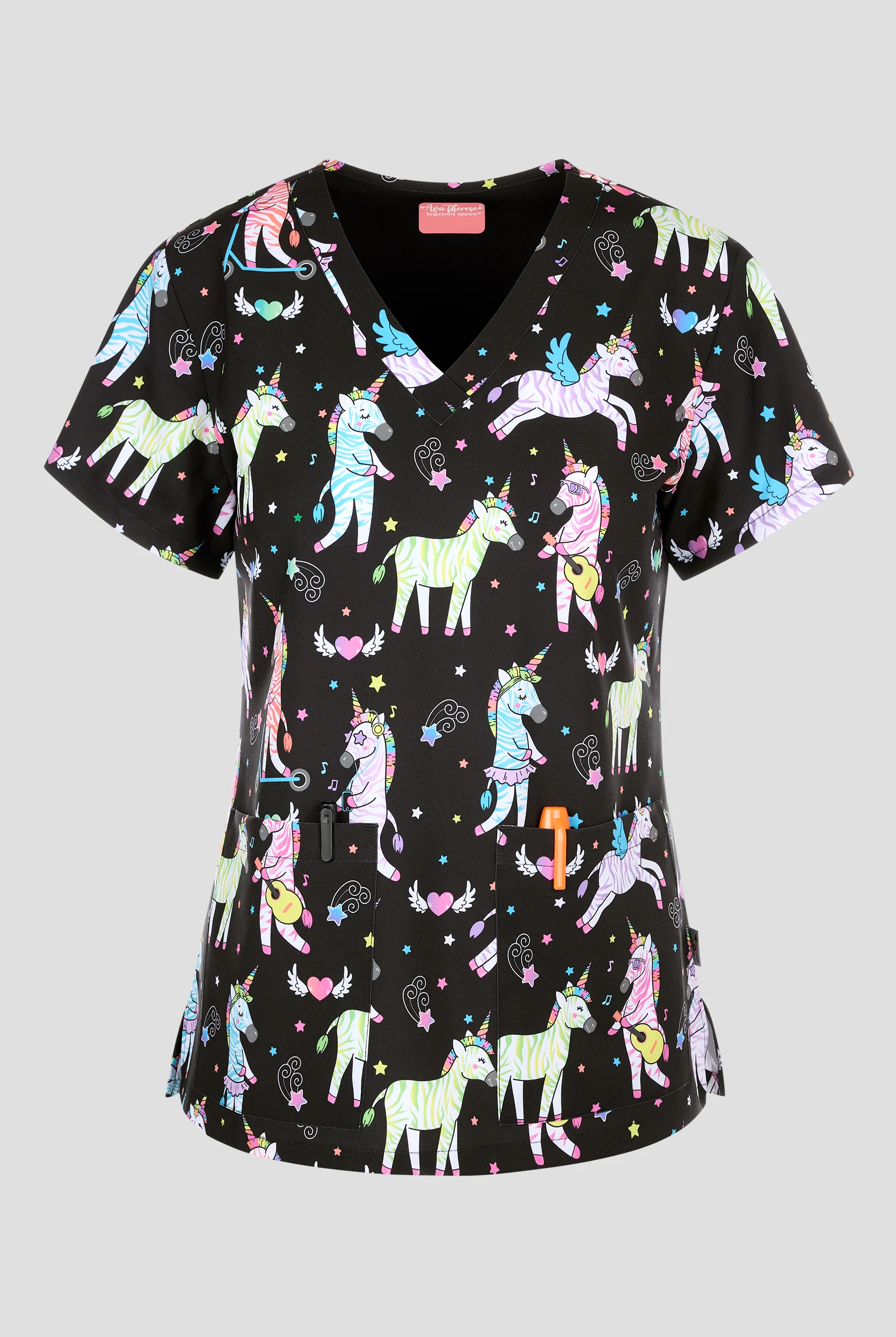 Zavate Ava Therese Zebra Pride Women's 2-Pocket STRETCH V-Neck Print Scrub Top