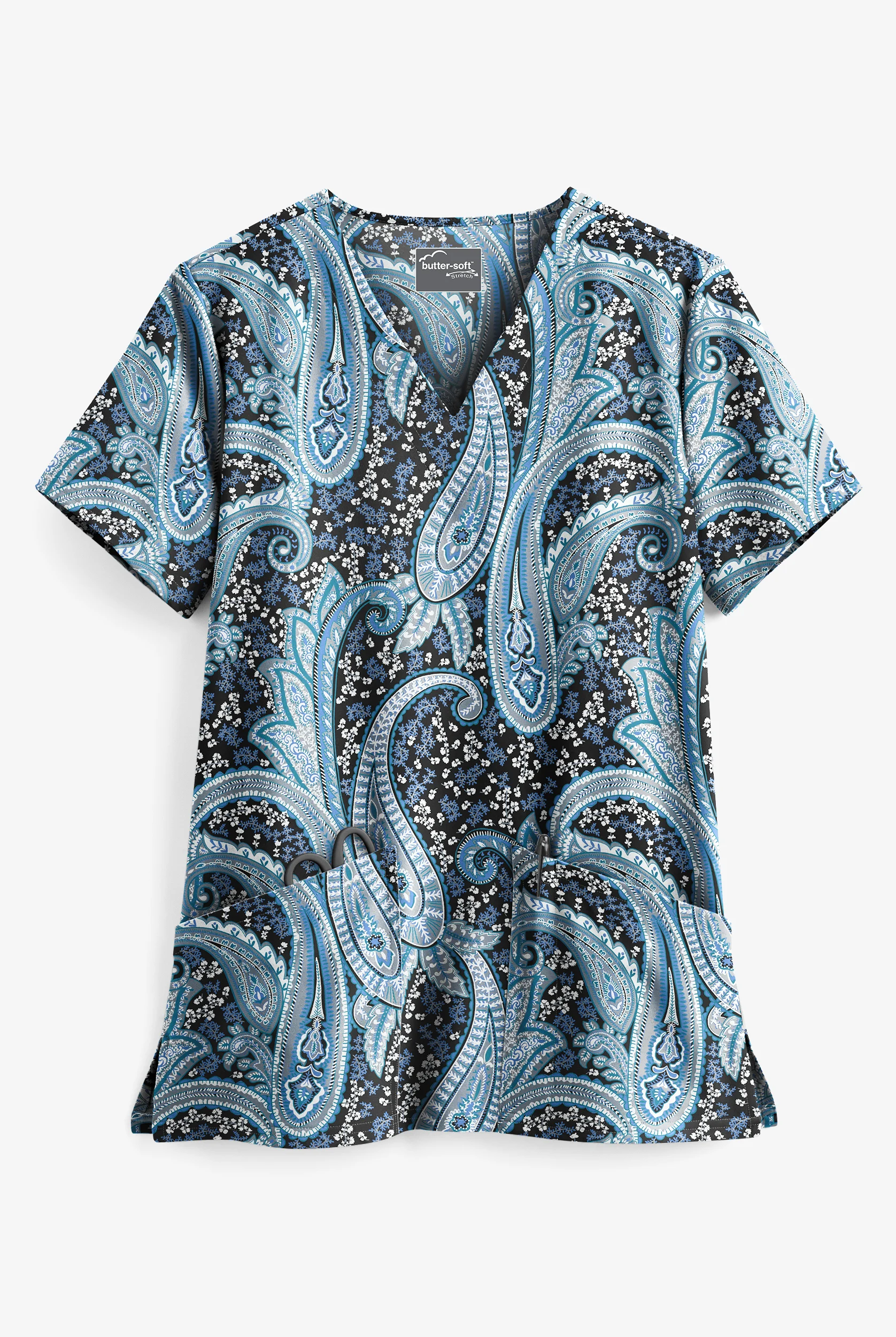 Butter-Soft STRETCH Black Floral Paisley Women's 2-Pocket V-Neck Print Scrub Top