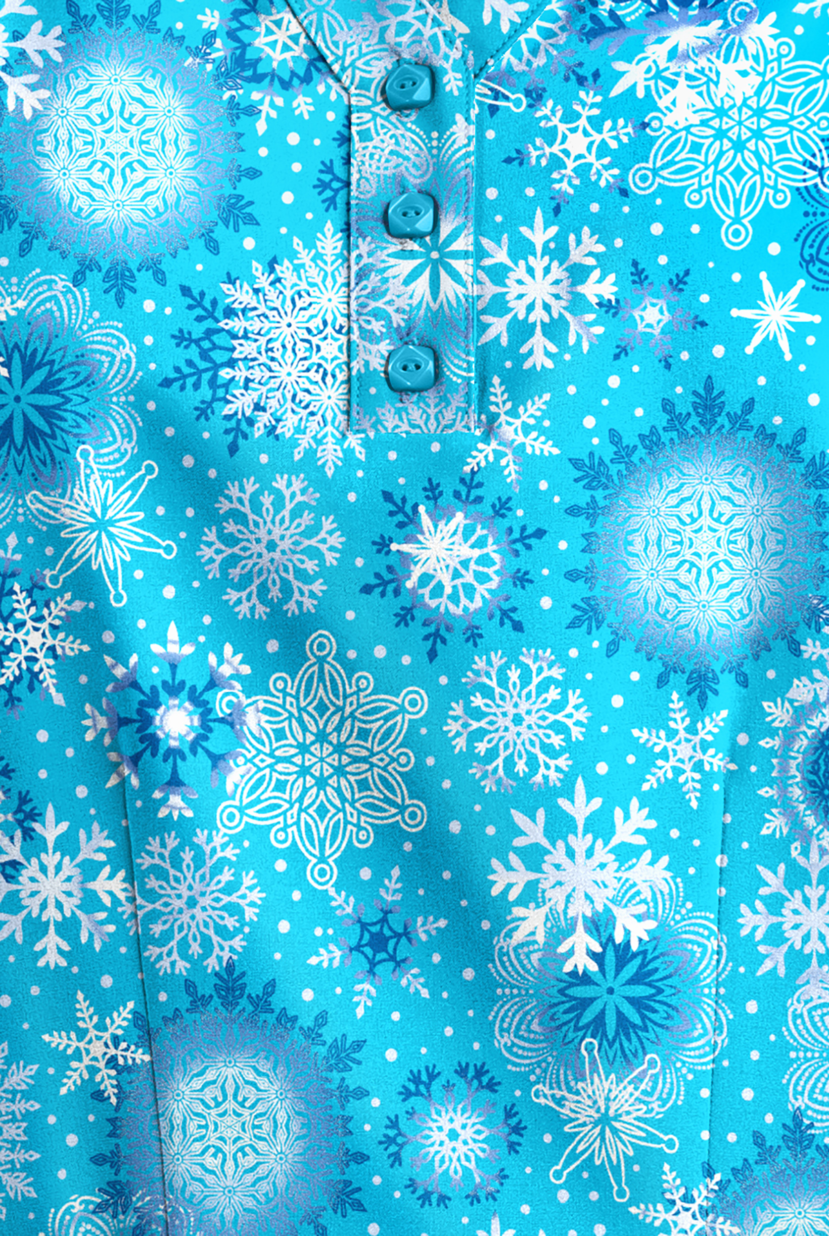 Butter-Soft Dazzling Snowflakes Turquoise Women's 2-Pocket Round Neckline Print Scrub Top