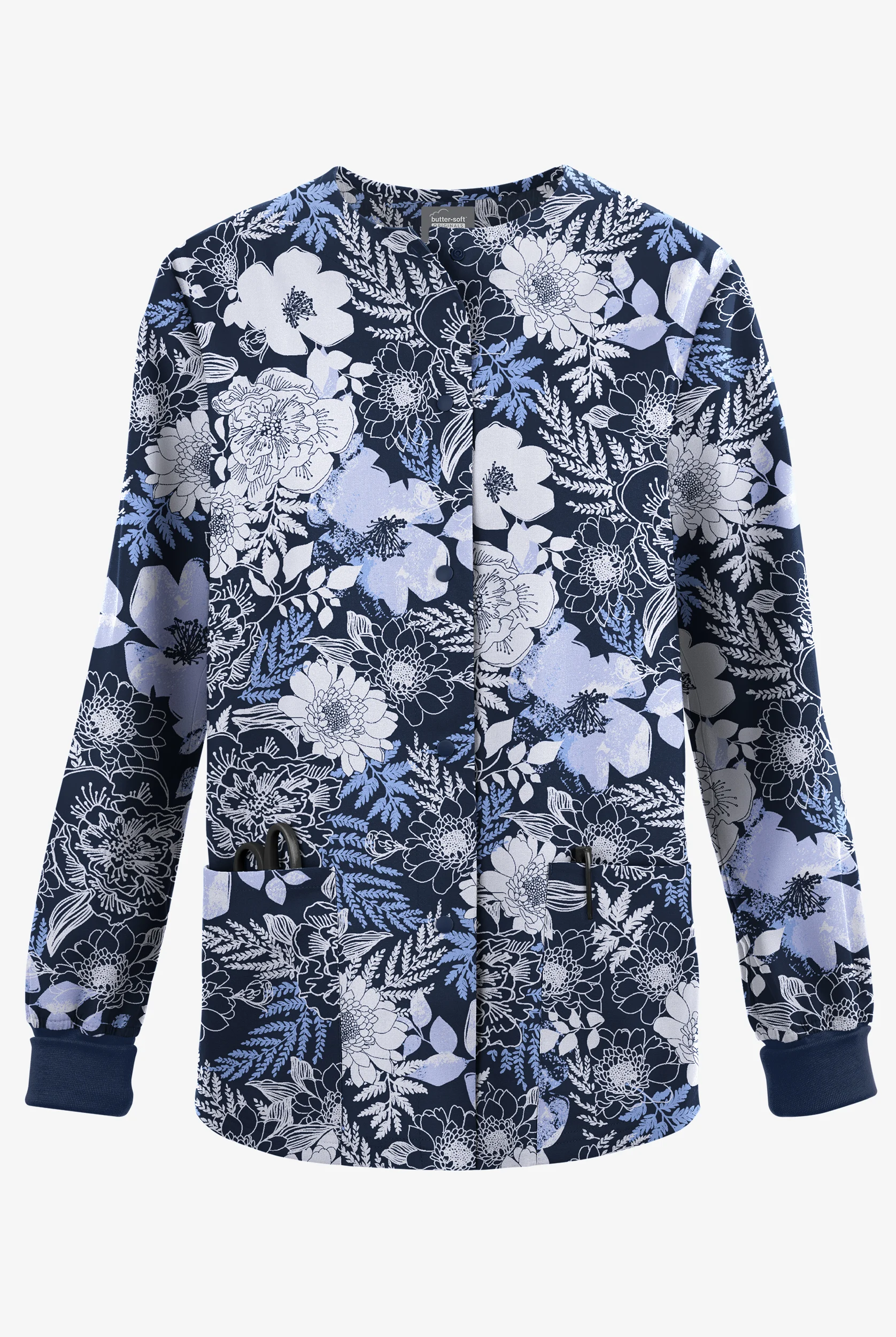 Butter-Soft Originals Arles Floral Navy Women's 3-Pocket Snap Front Print Scrub Jacket