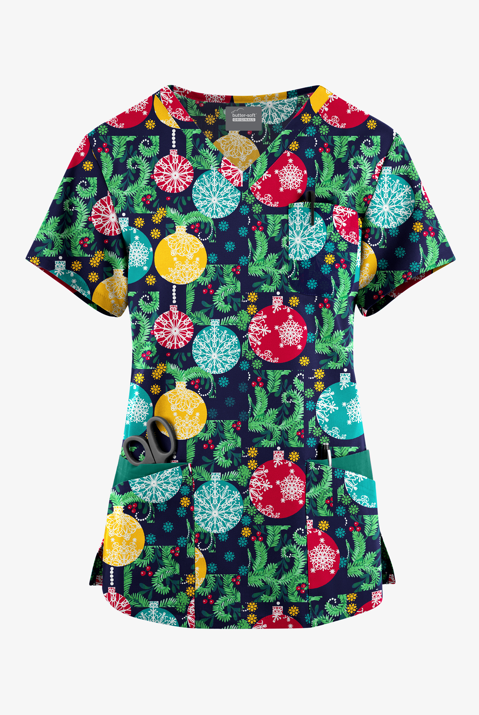 Butter-Soft Originals Baubles And Berries Navy Women's 7-Pocket Rounded V-Neck Print Scrub Top