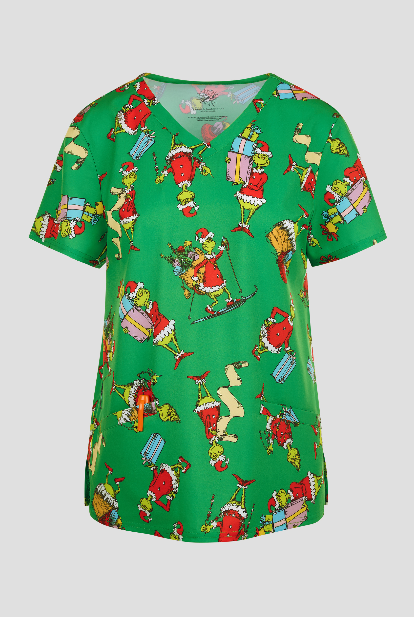 Dr. Seuss The Grinch Christmas by Funscrubs Women's 2-Pocket STRETCH V-Neck Print Scrub Top