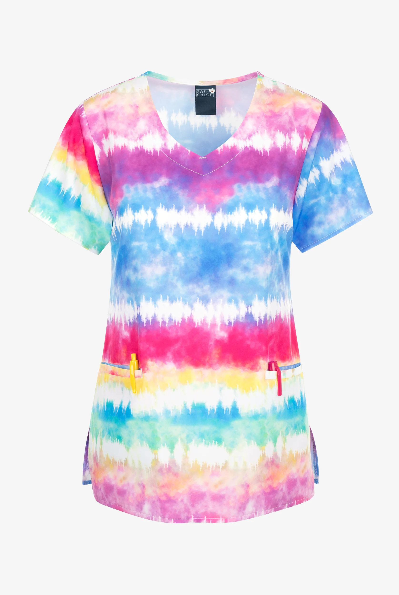 Zoe & Chloe Chasing Rainbows Tie Dye Women's 2-Pocket STRETCH V-Neck Tie-Back Print ScrubTop