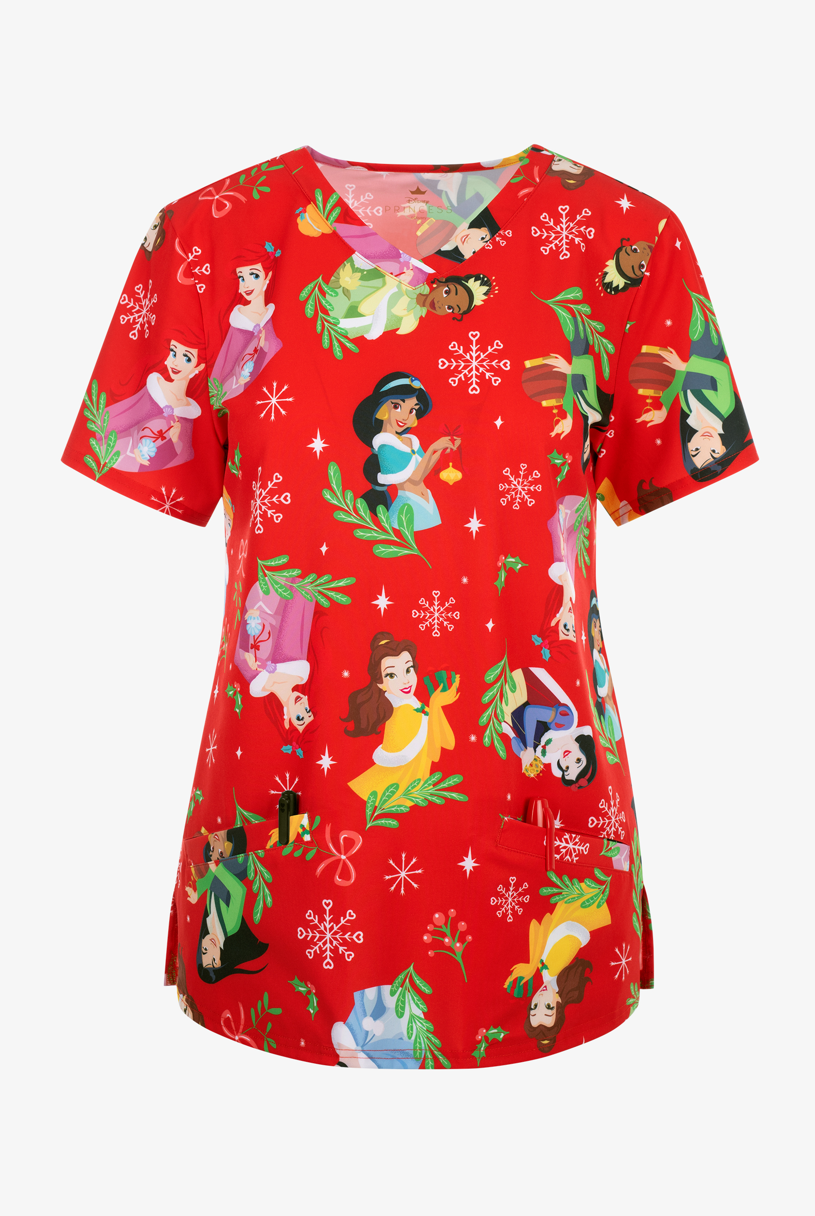 Disney Princesses Christmas by Funscrubs Women's 2-Pocket STRETCH V-Neck Print Scrub Top