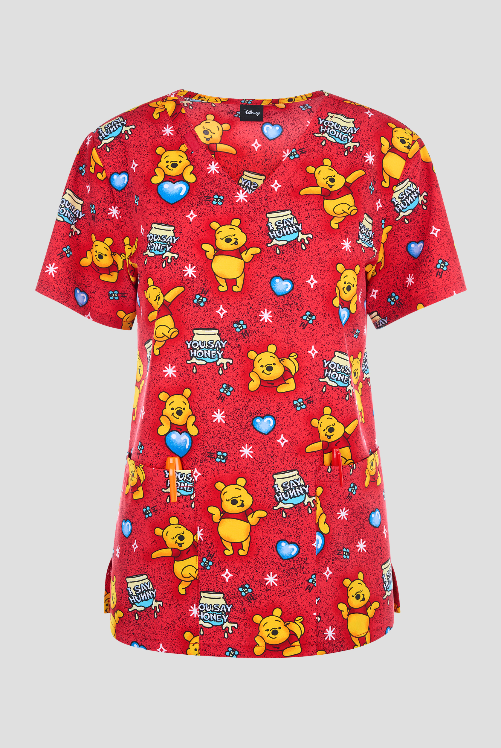 Tooniforms Disney's Winnie the Pooh You Say Honey Women's 2-Pocket STRETCH V-Neck Print Scrub Top