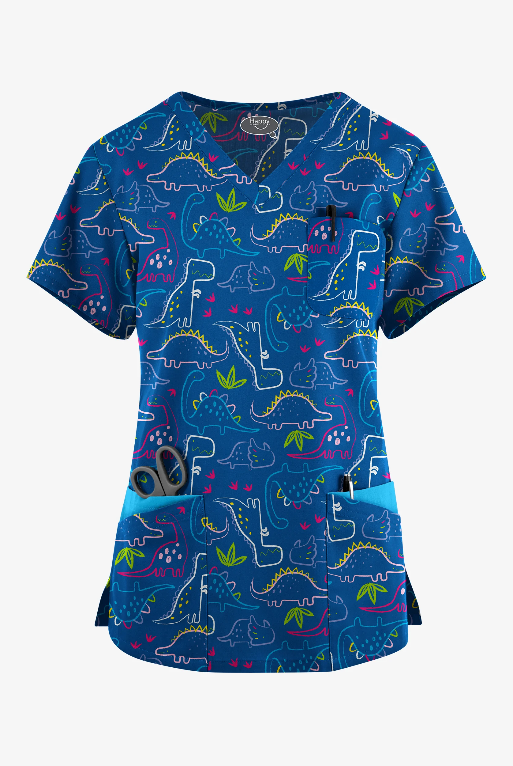Happy Scrubs Dino Park Royal Women's 7-Pocket Rounded V-Neck Print Scrub Top