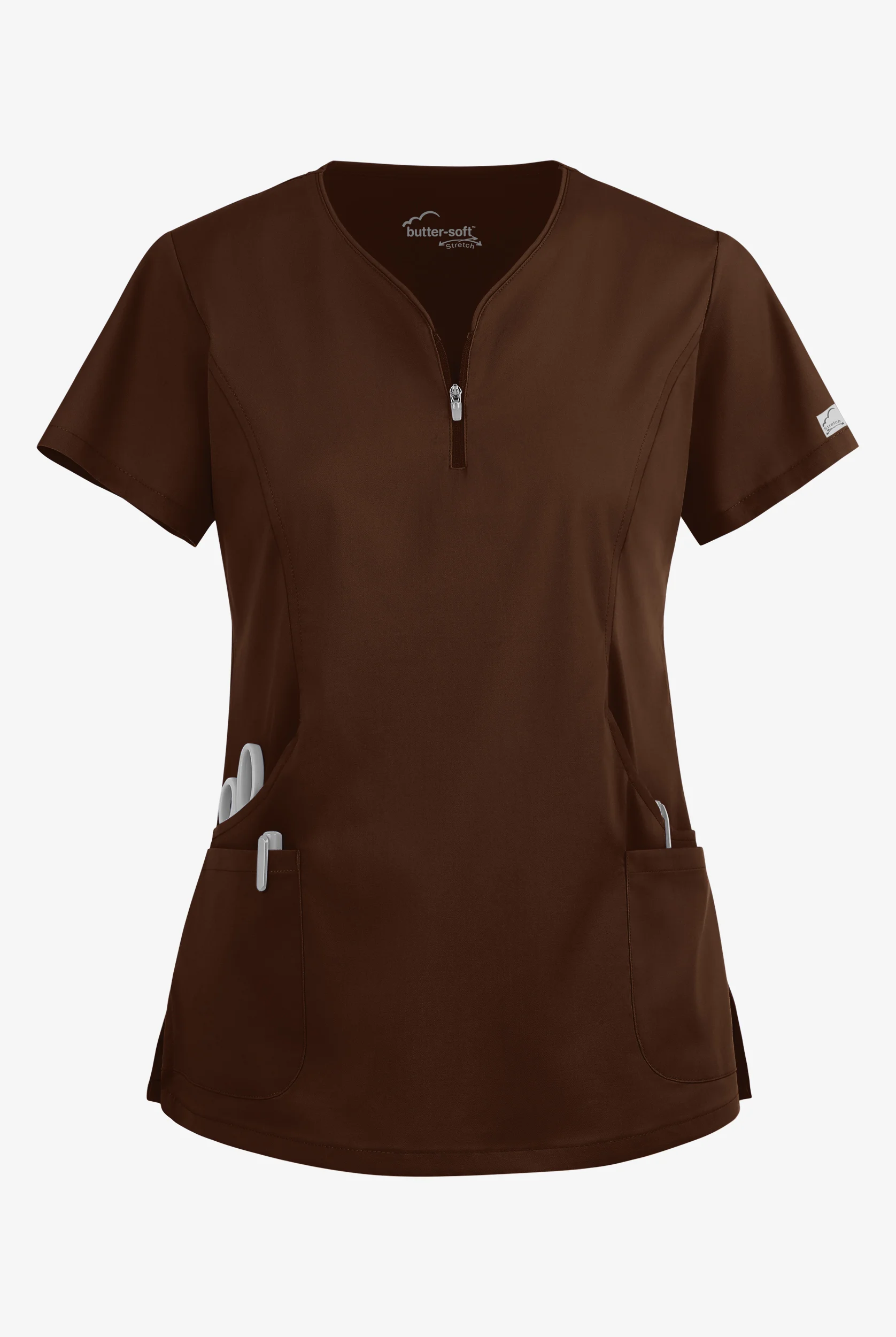 Butter-Soft STRETCH Women's 4-Pocket Curved Neck Zipper Scrub Top