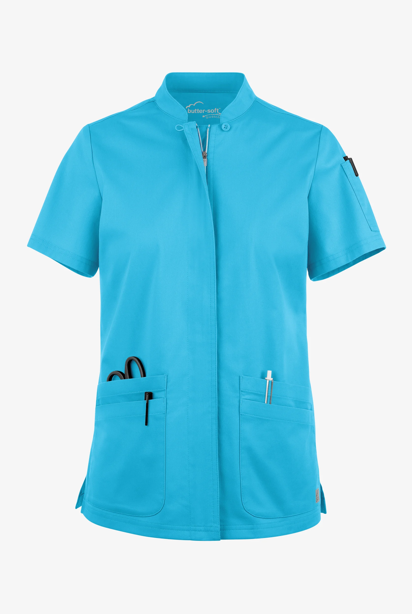 Butter-Soft STRETCH Women's 6-Pocket Collar Neck Zip Front Scrub Top