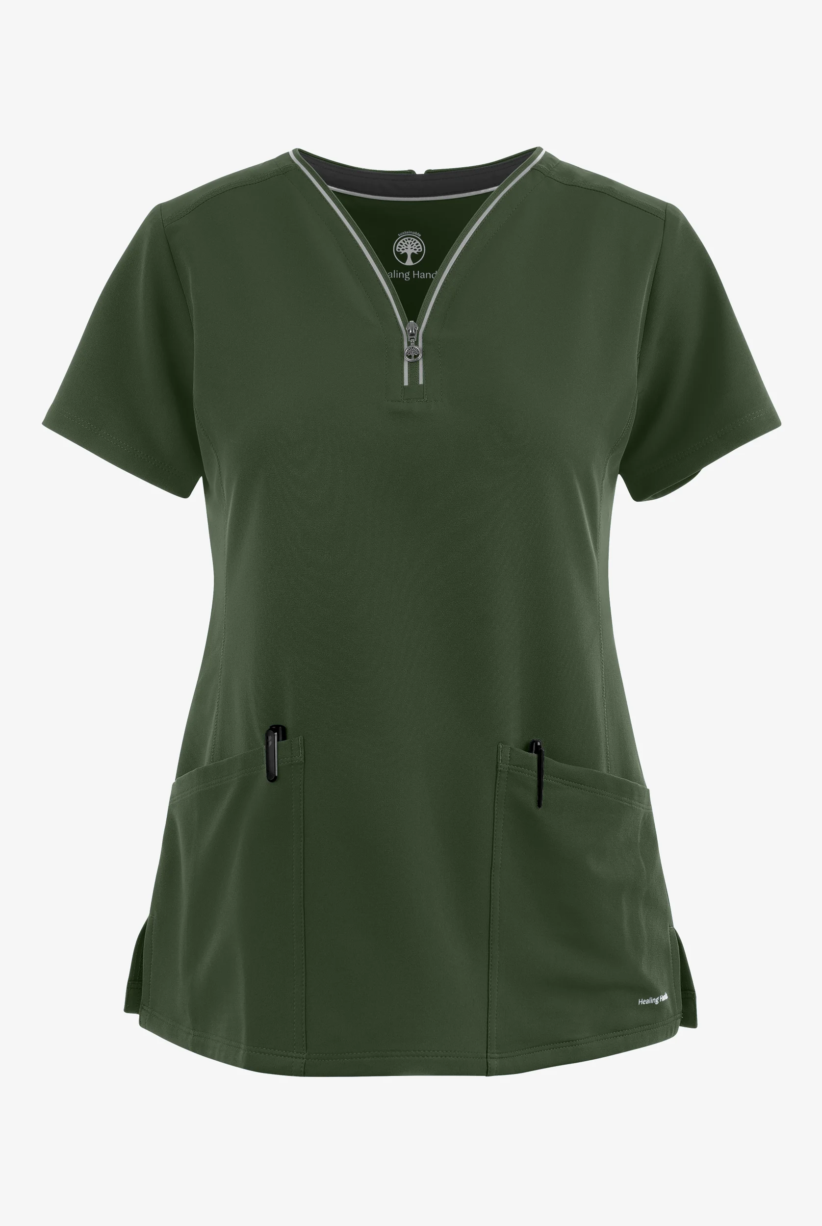 Healing Hands 360 Sonia Women's 3-Pocket STRETCH Reflective Y-Neck Zip Scrub Top