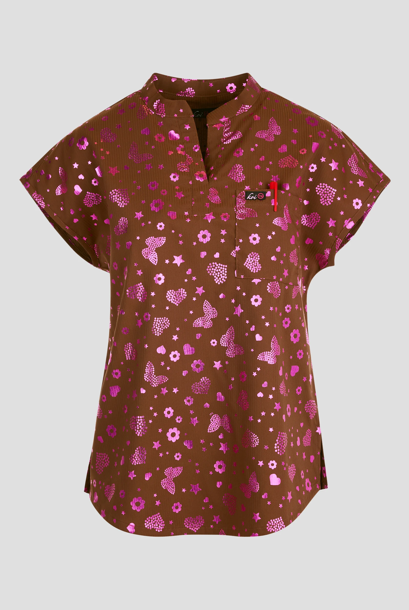 koi Lite Iridescent Light Bright Foil Women's 1-Pocket Mandarin Collar Print Scrub Top
