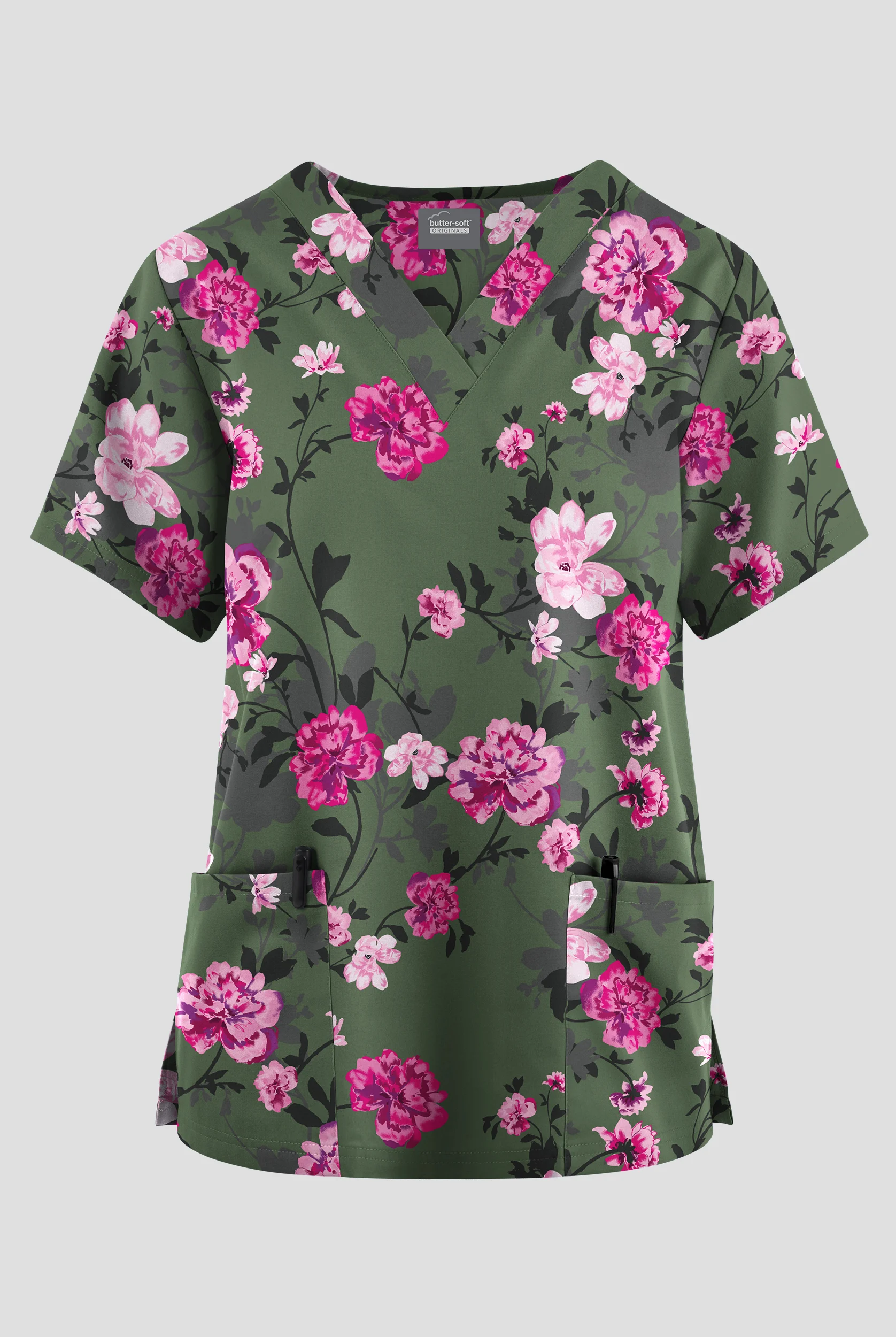 Butter-Soft Originals Rose Dream Vine Light Olive Women's 2-Pocket V-Neck Print Scrub Top