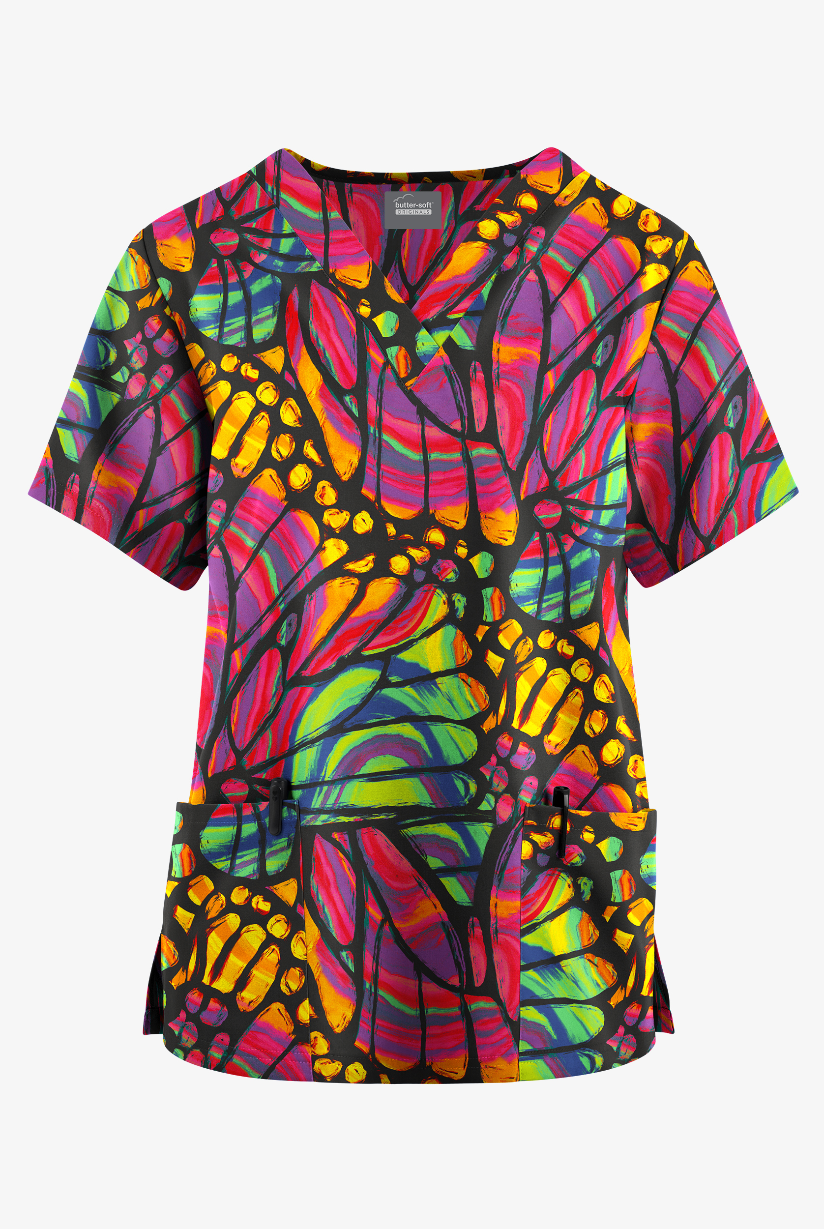 Butter-Soft Originals Kaleidoscope Butterflies Women's 2-Pocket Classic Fit V-Neck Print Scrub Top