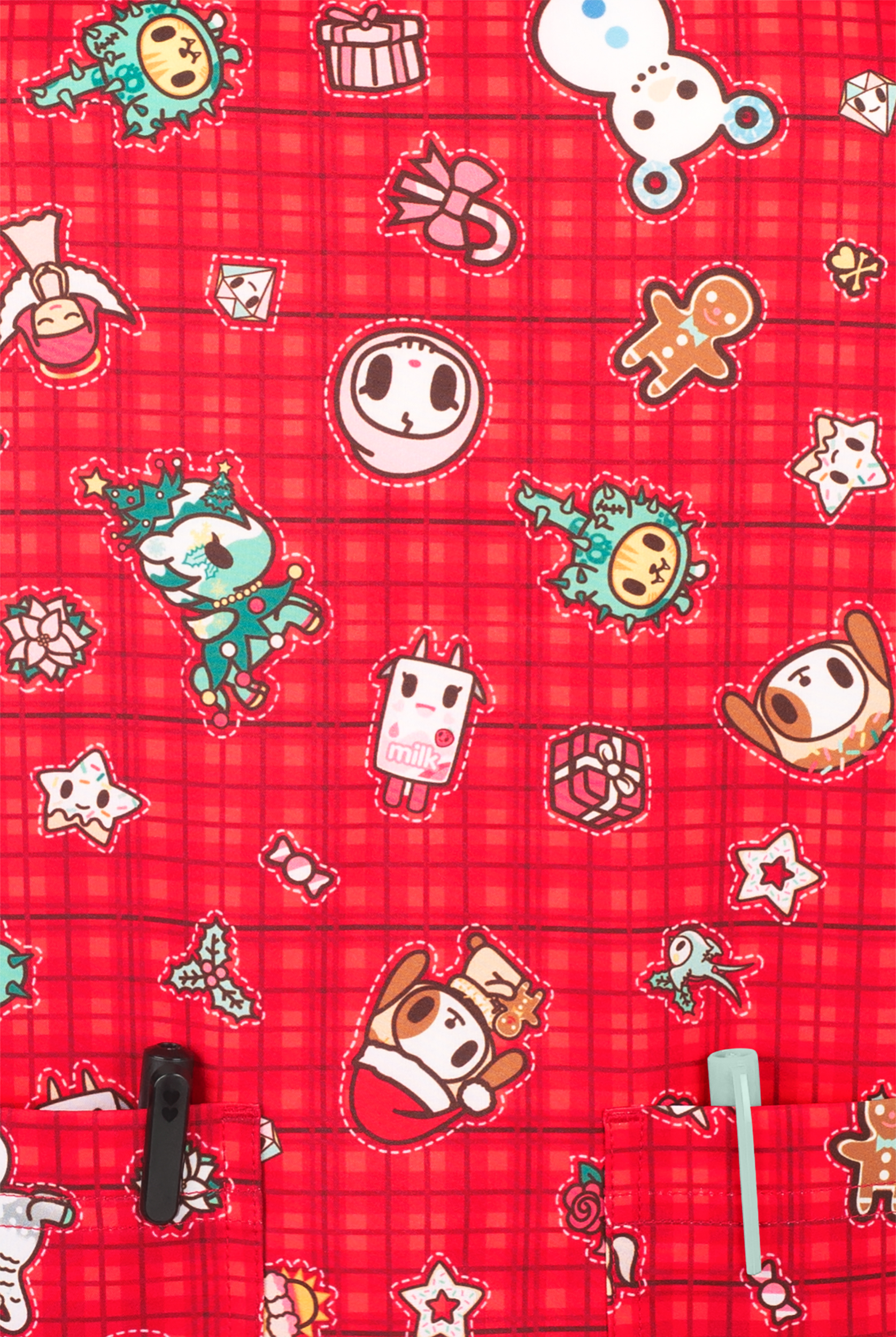 koi Tokidoki Holiday Flanel Women's 2-Pocket STRETCH V-Neck Print Scrub Top