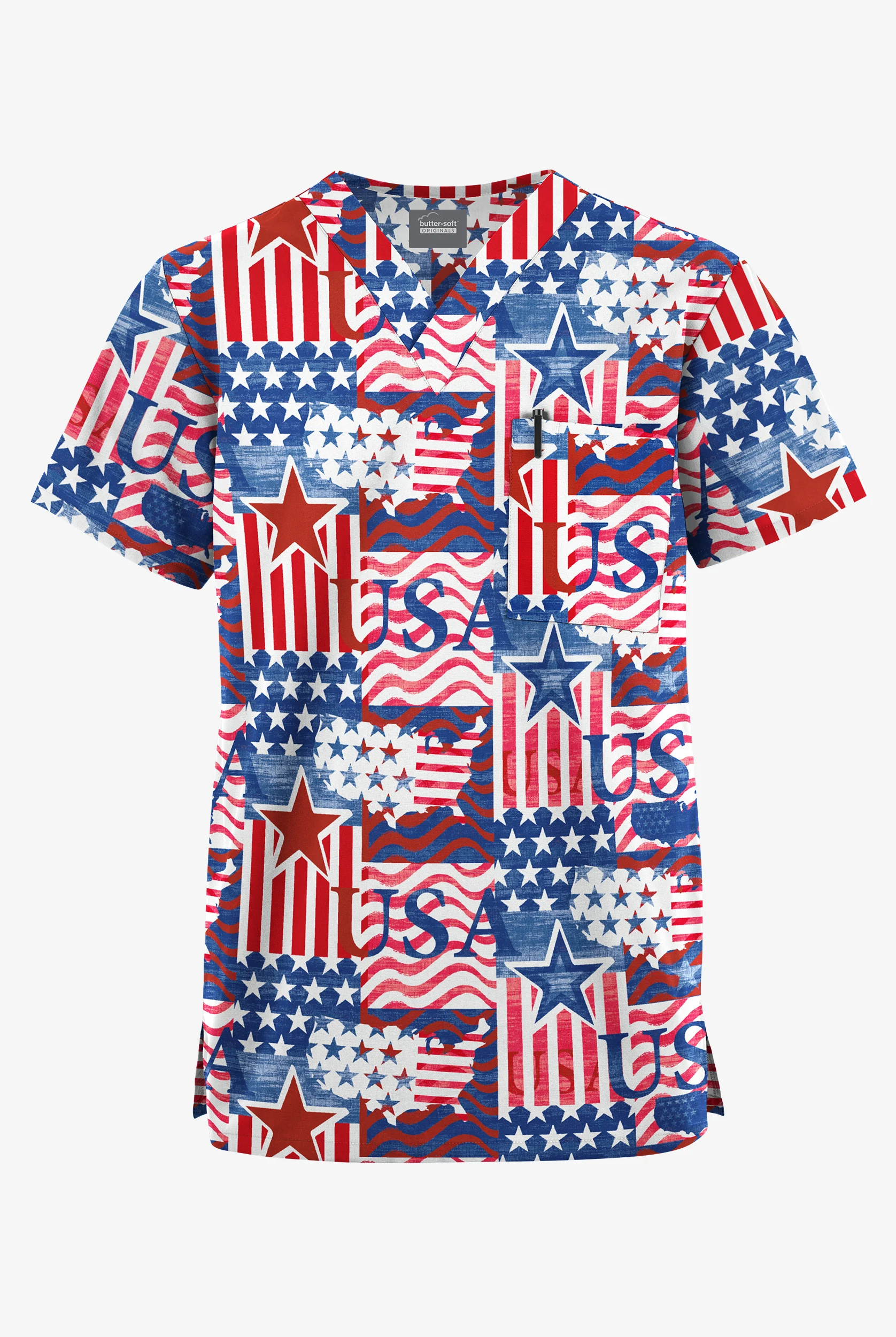 Butter-Soft Originals Happy Fourth Navy Unisex 2-Pocket V-Neck Print Scrub Top