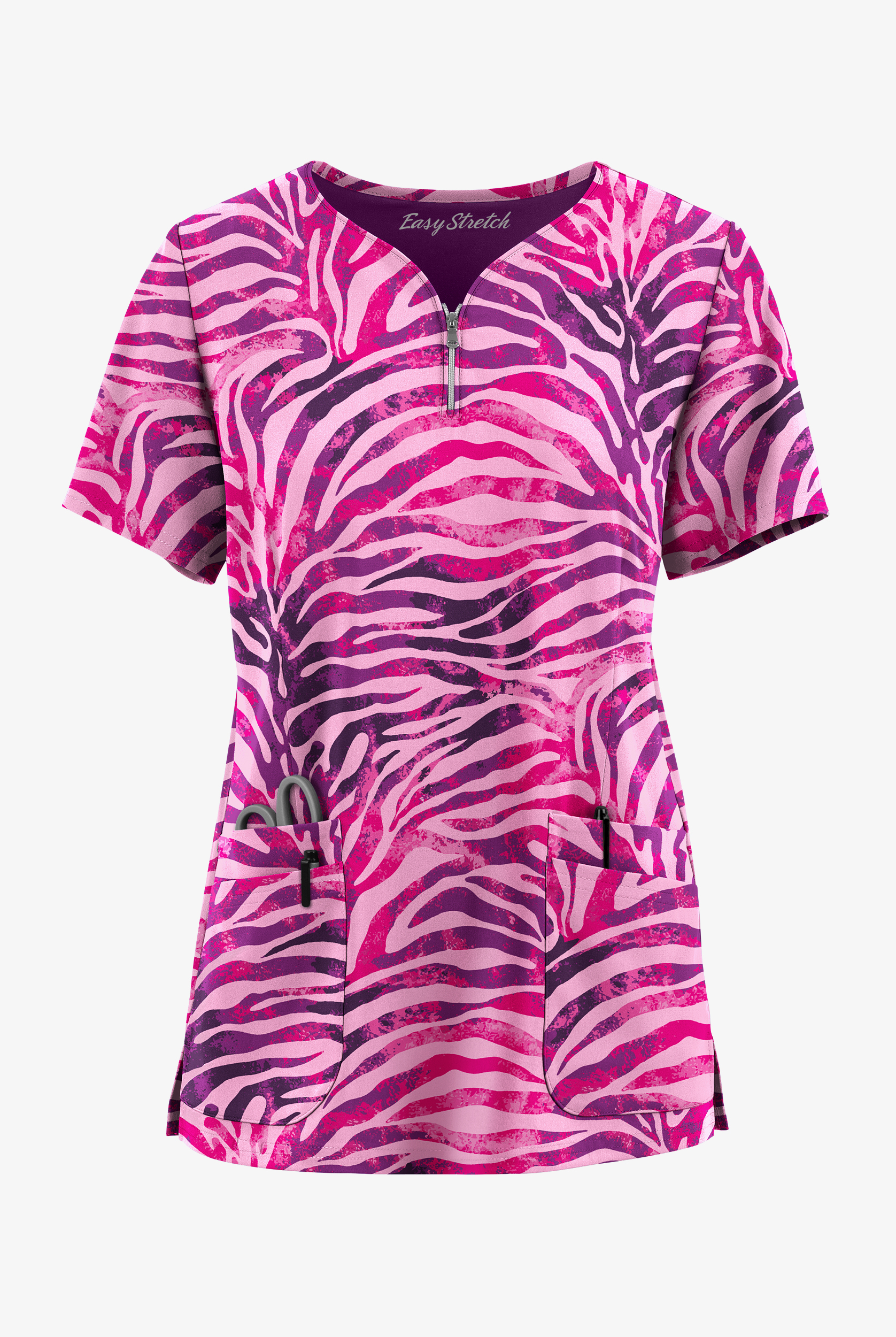 Easy STRETCH Exotic Zebra Flirt Women's 4-Pocket Zip Curved Neck Print Scrub Top