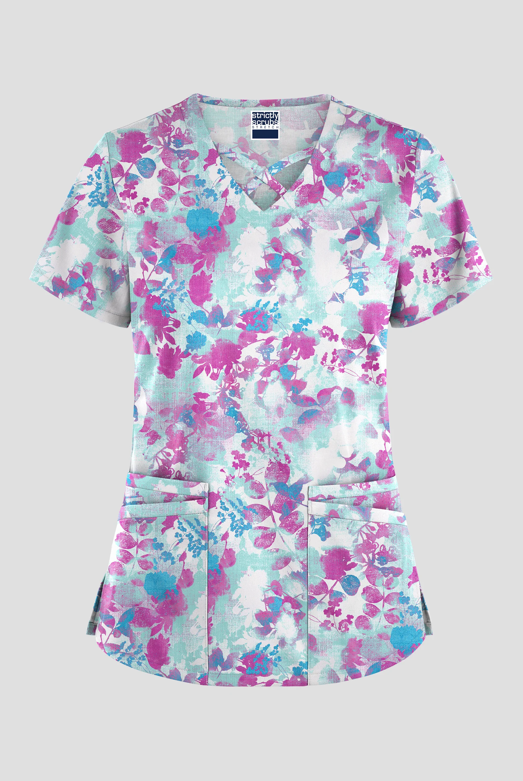 Blusa médica estampada Strictly Scrubs STRETCH Mystic Floral Aqua Moon con cuello entrecruzado y 4 bolsillos para mujer