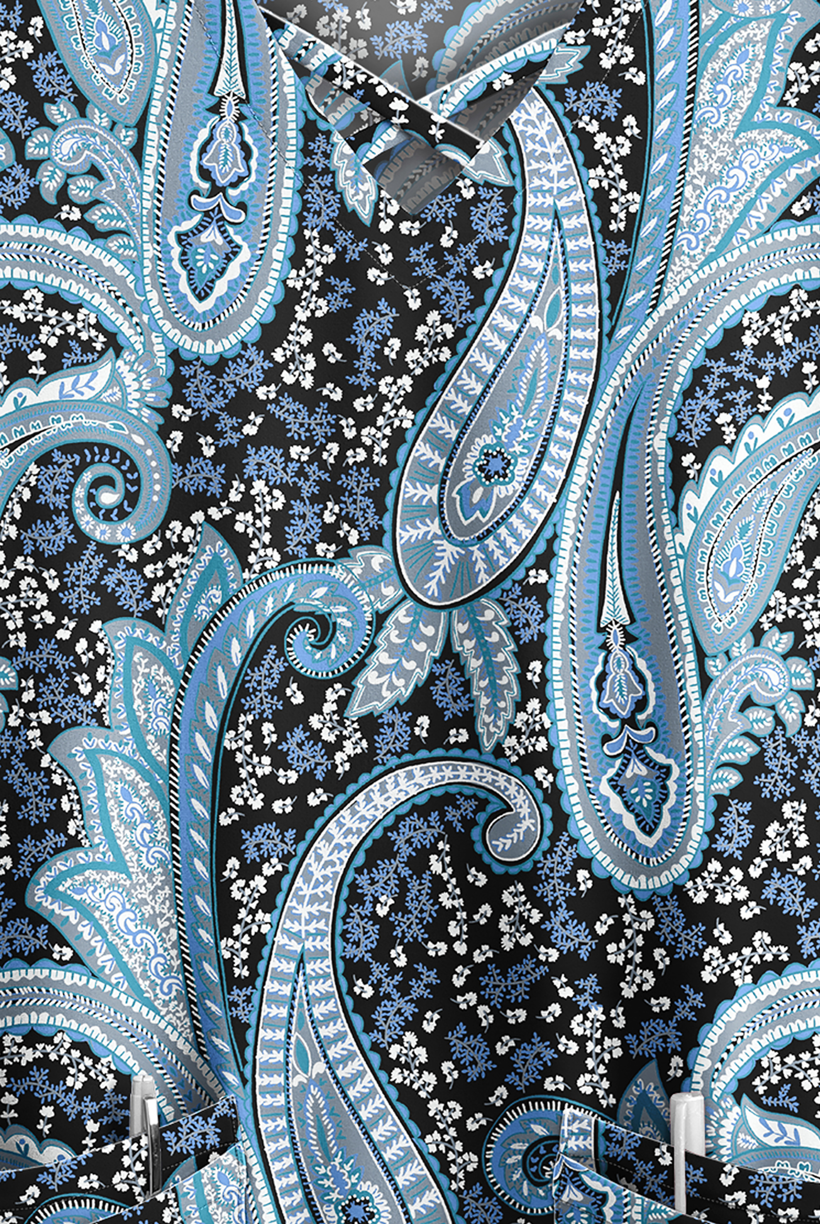 Butter-Soft STRETCH Black Floral Paisley Women's 4-Pocket Criss Cross Print Scrub Top