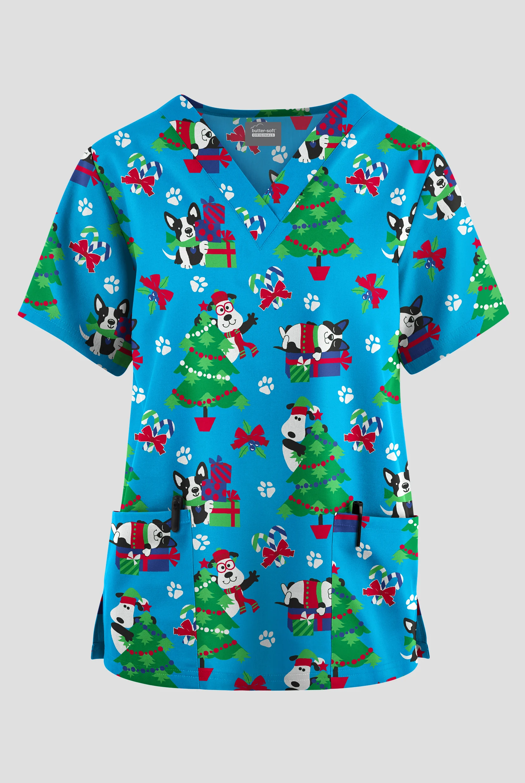 Butter-Soft Originals Wrapped In Joy Turquoise Women's 2-Pocket V-Neck Print Scrub Top