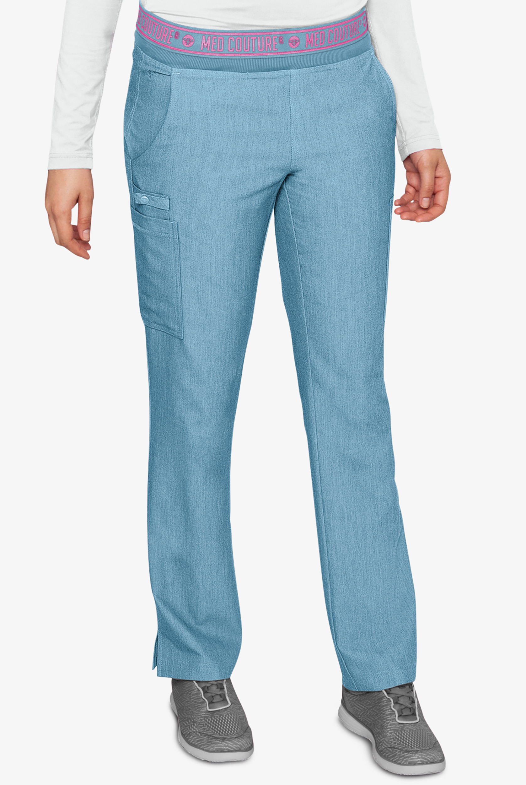Med Couture Touch Women's 7-Pocket STRETCH Logo Elastic Double Cargo Yoga Scrub Pants - Petite