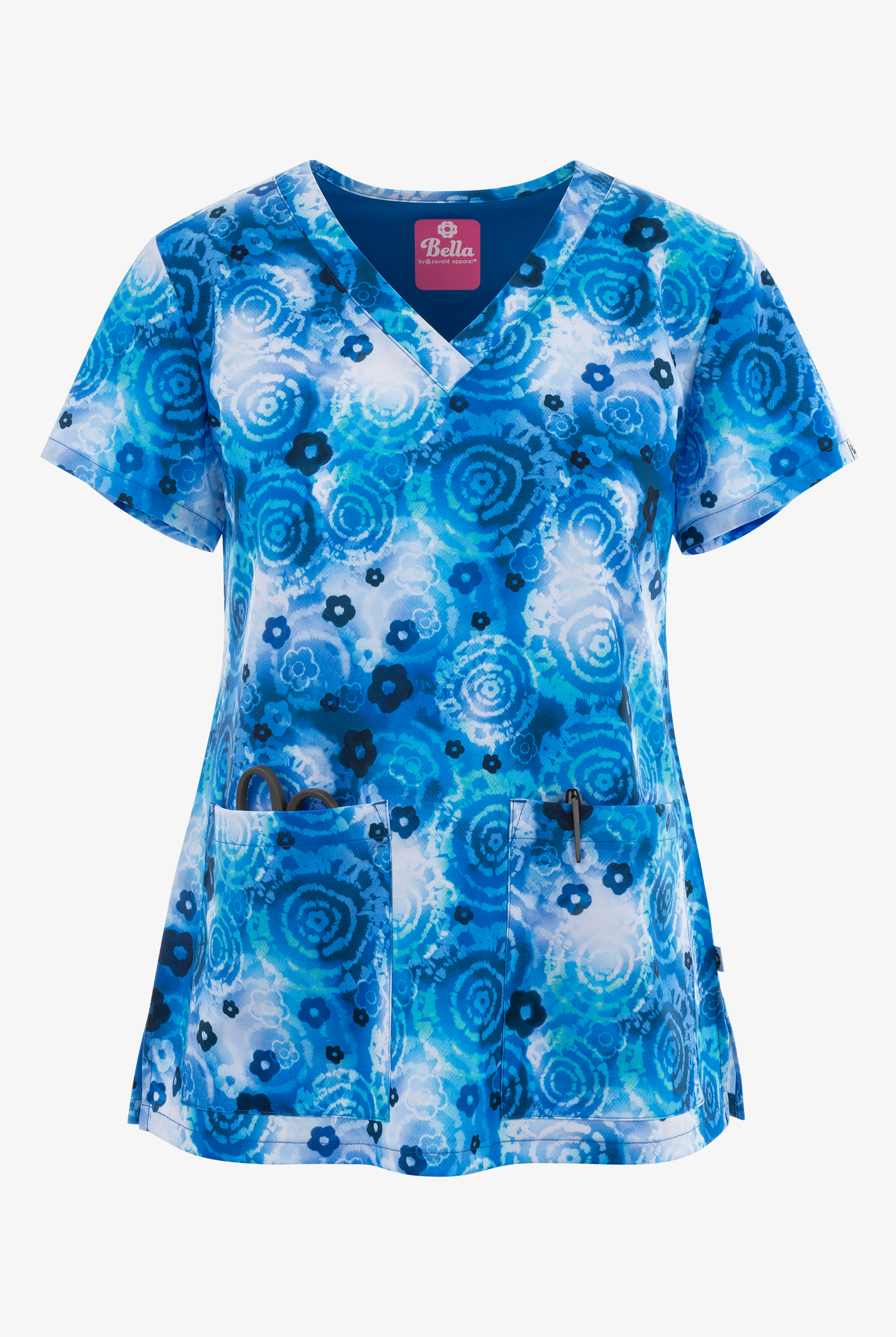 Zavate Bella Tie Dye Life Women's 2-Pocket STRETCH V-Neck Print Scrub Top