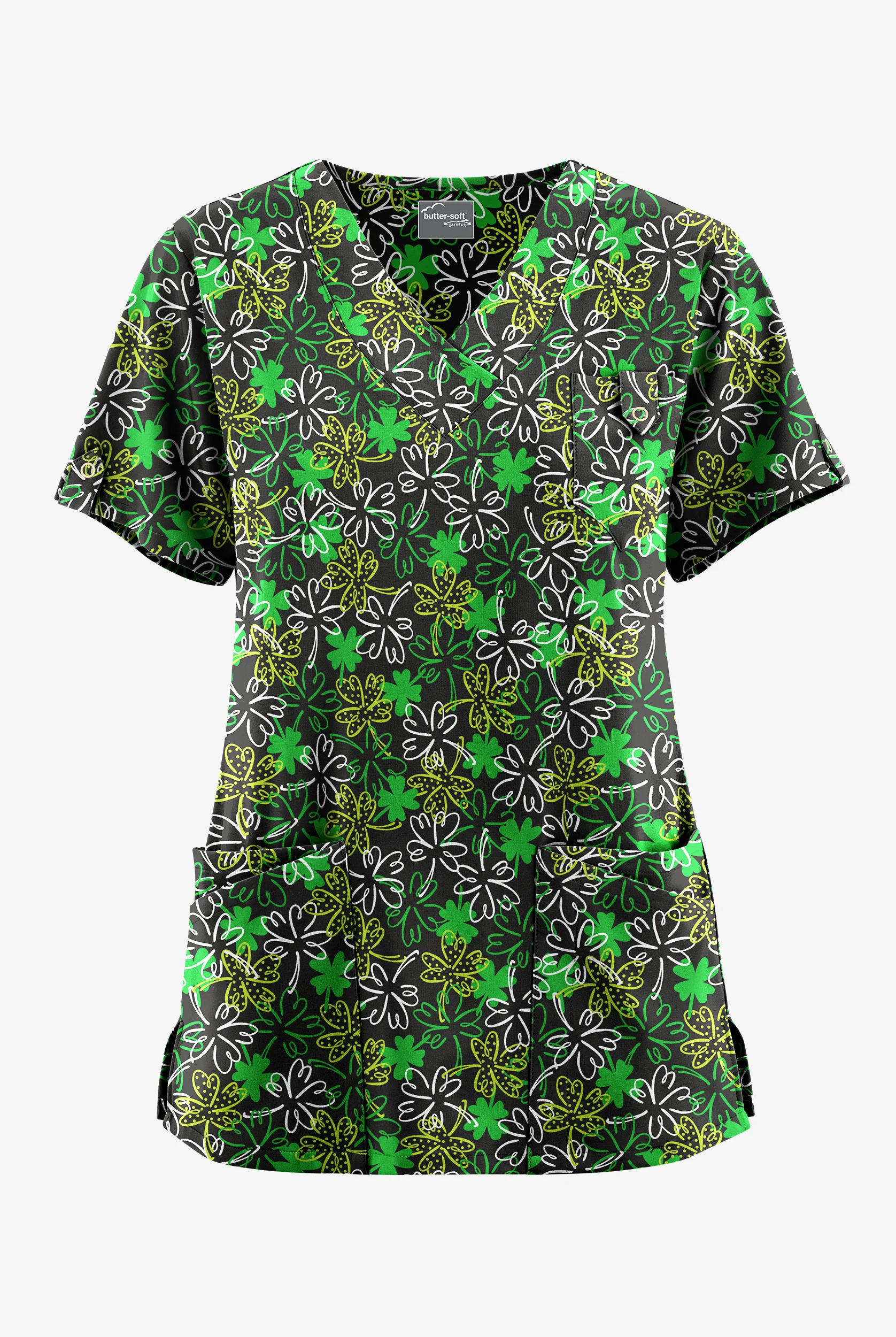 Butter-Soft STRETCH Lucky Me Women's 5-Pocket V-Neck Print Scrub Top