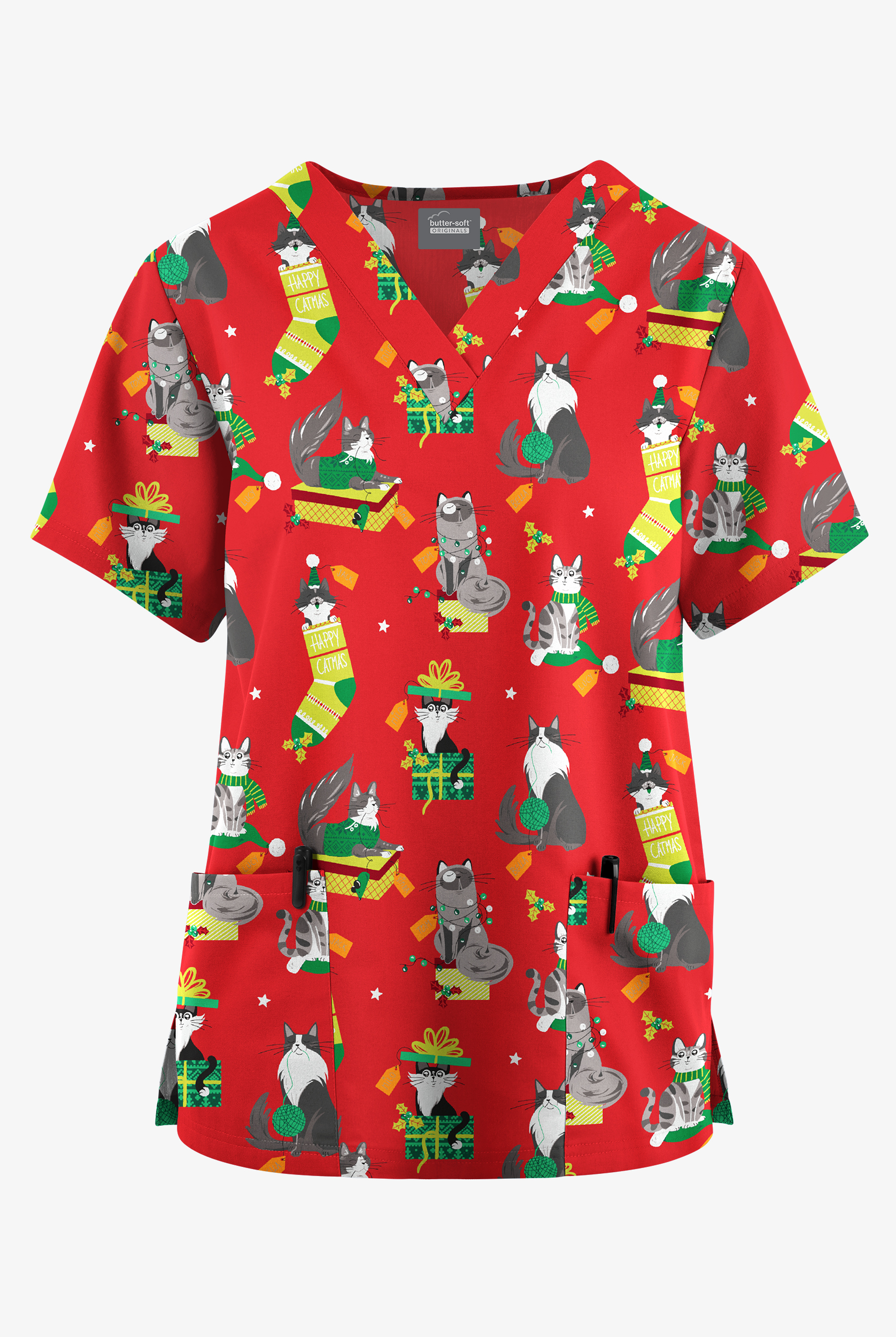 Butter-Soft Originals Playful Christmas Red Women's 2-Pocket Classic Fit V-Neck Print Scrub Top