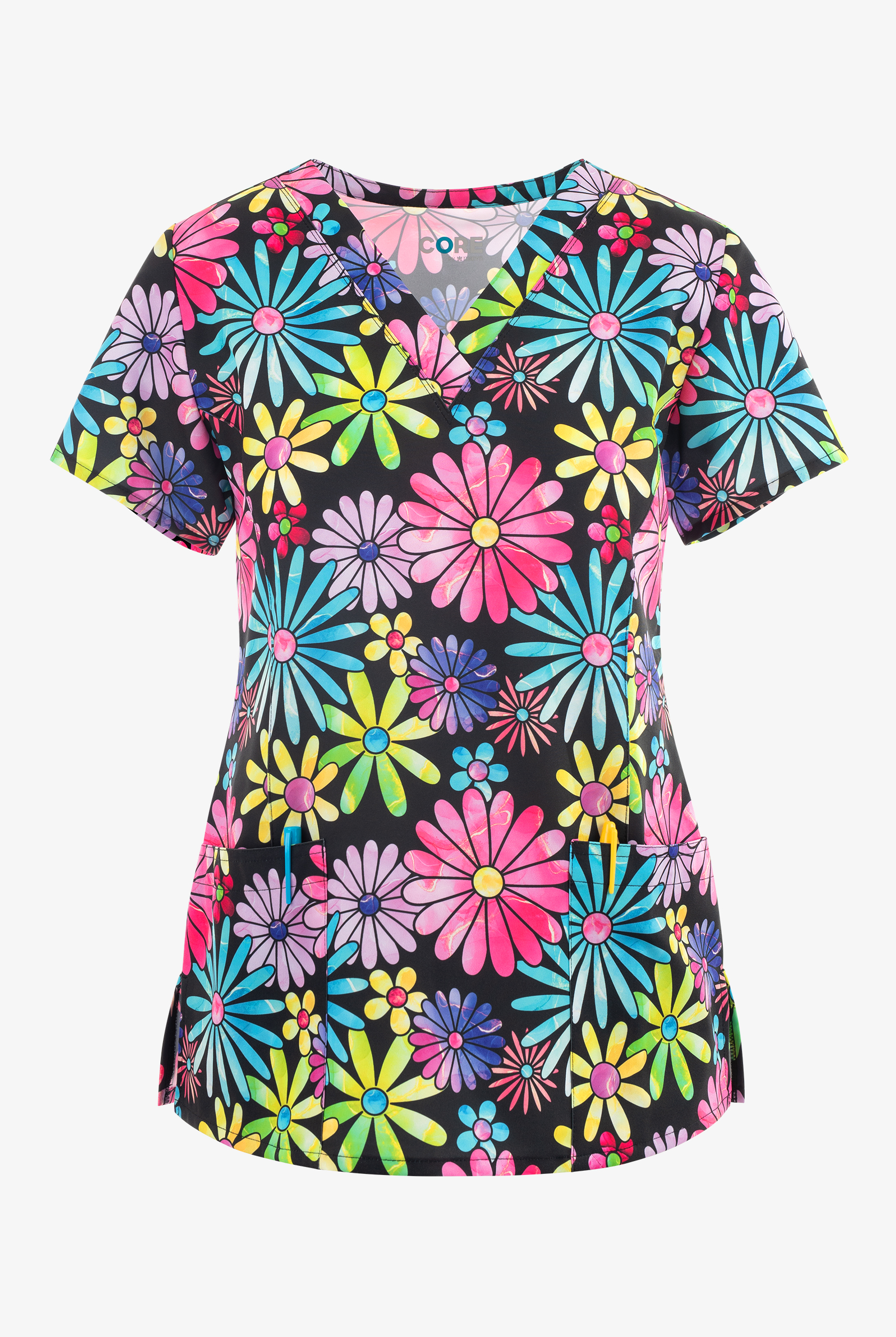 Maevn Bright Flower Child Women's 3-Pocket V-Neck Print Scrub Top