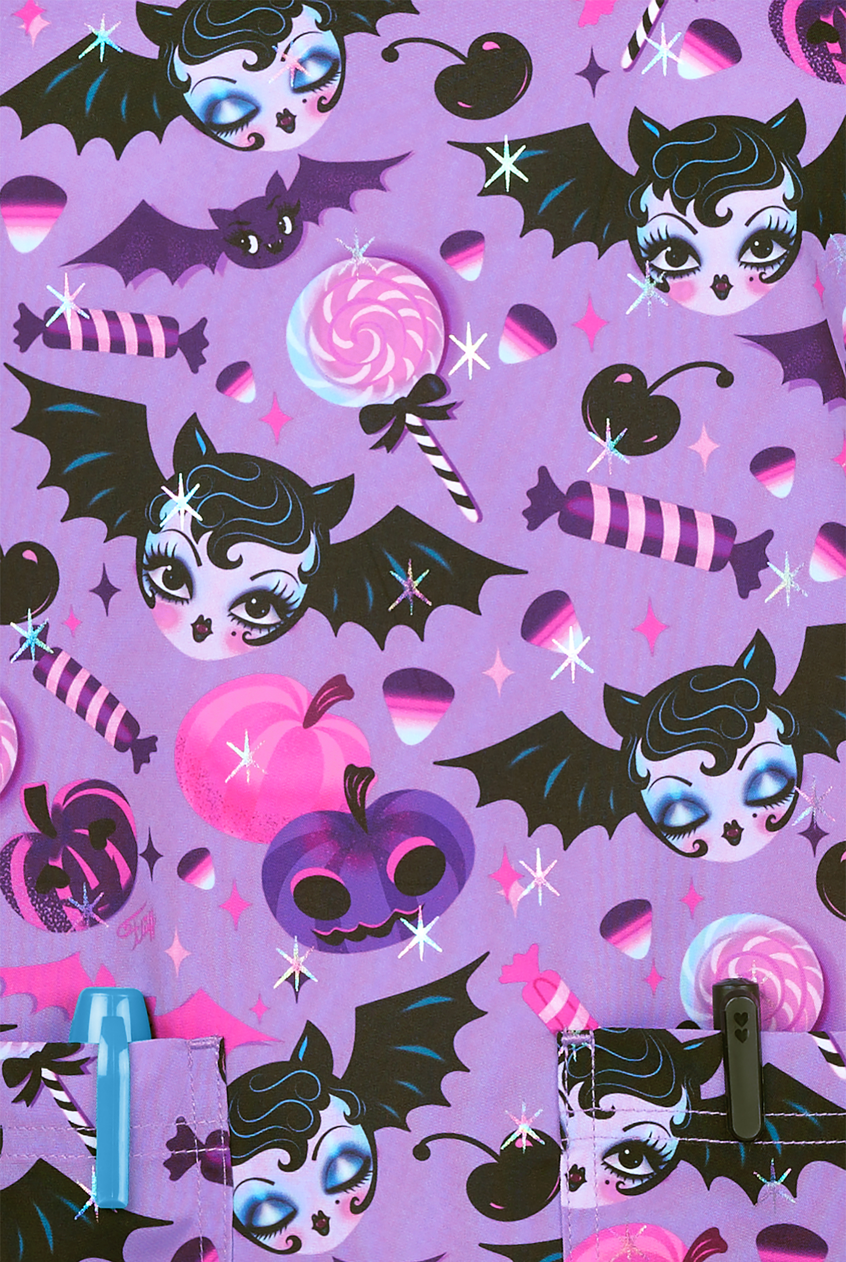 koi Next Gen Vampire Bat Dolly Women's 2-Pocket STRETCH V-Neck Print Scrub Top