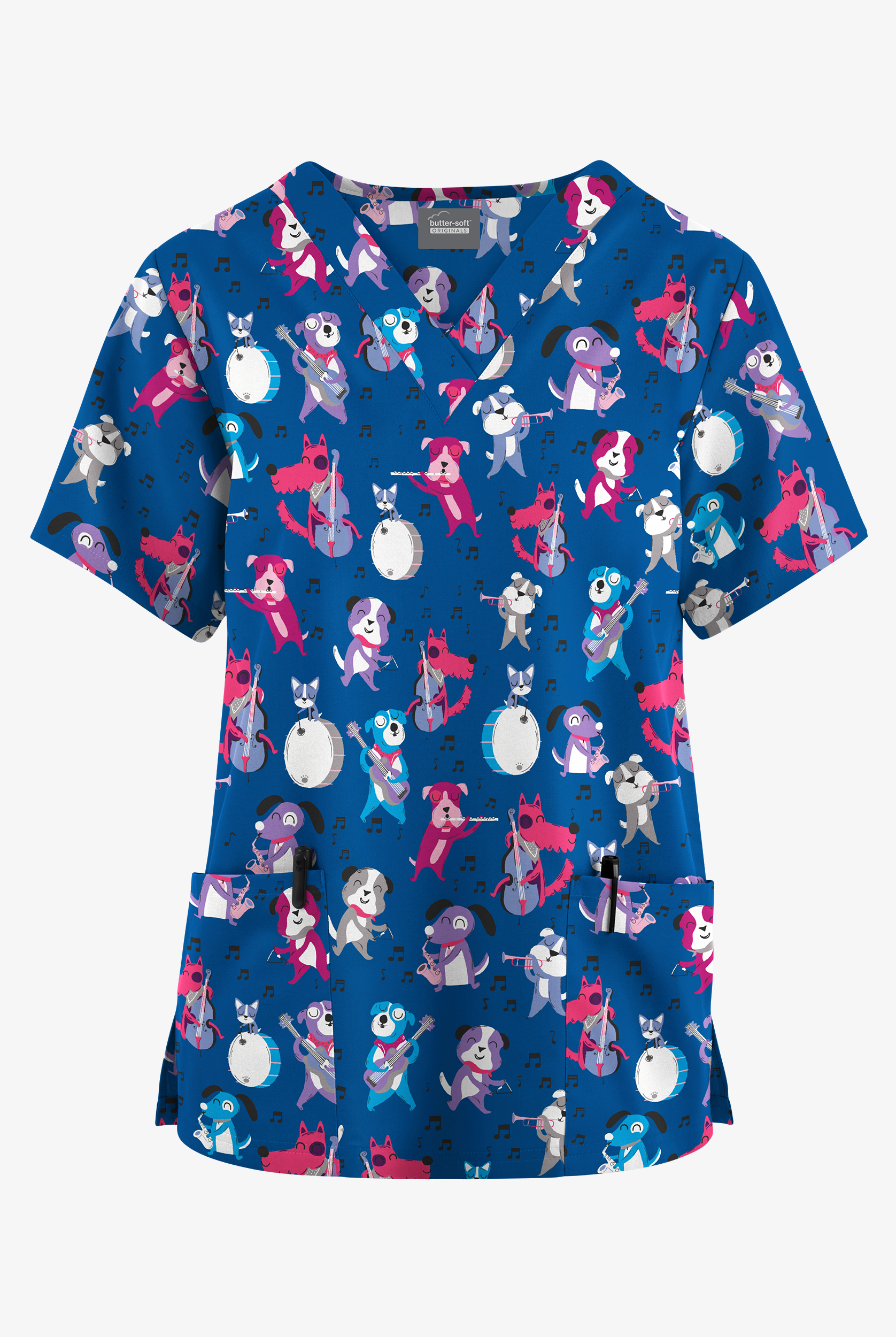 Butter-Soft Originals Jazz It Up Royal  Women's 2-Pocket Classic Fit V-Neck Print  Scrub Top