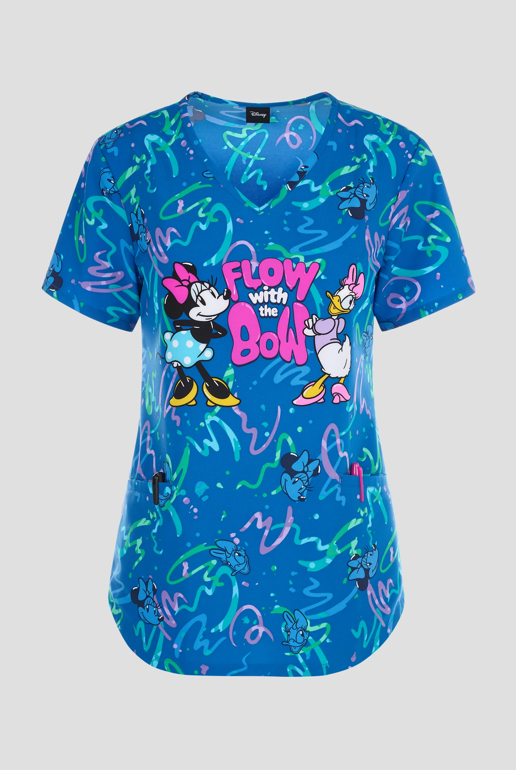 Tooniforms Disney's Minnie Flow With The Bow Women's 2-Pocket STRETCH V-Neck Print Scrub Top