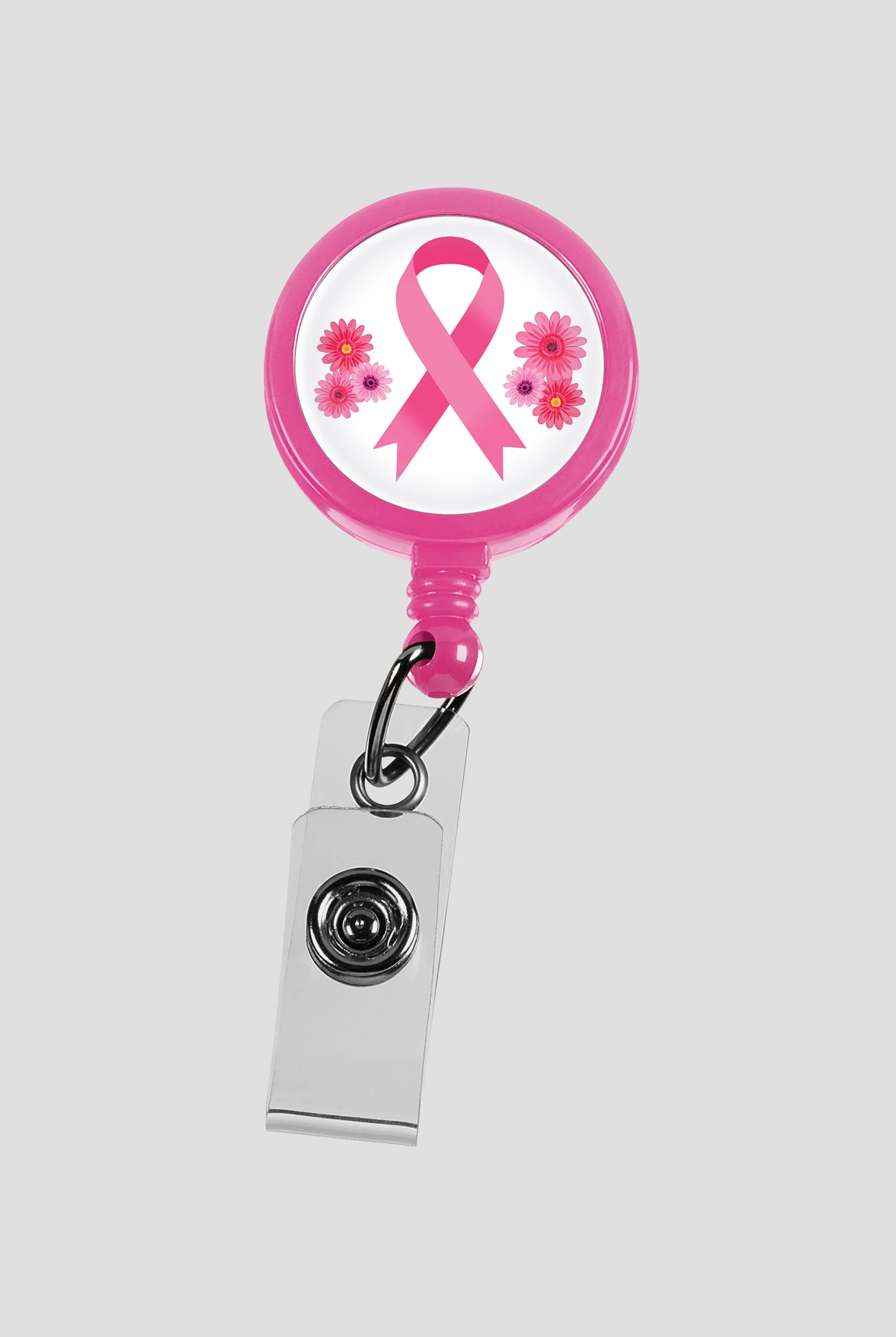 Porta credenciales Prestige Retracteze™ Pink Ribbon and Flowers con botón a presión