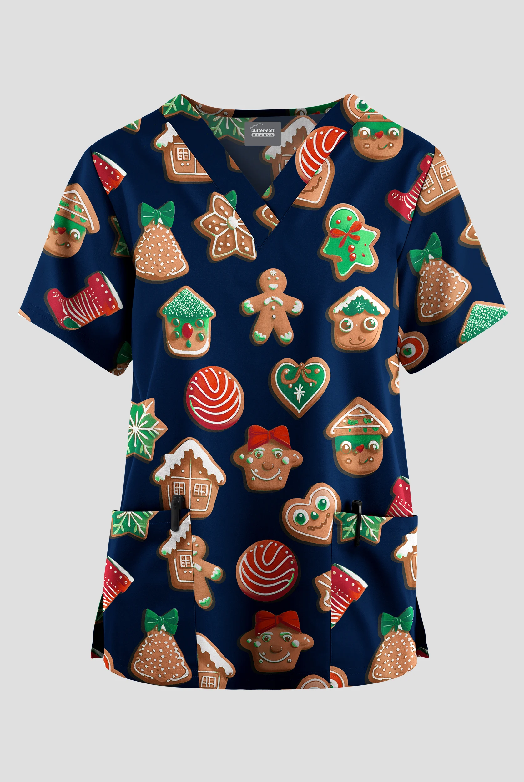 Butter-Soft Originals Sugar & Spice Navy Women's 2-Pocket V-Neck Print Scrub Top