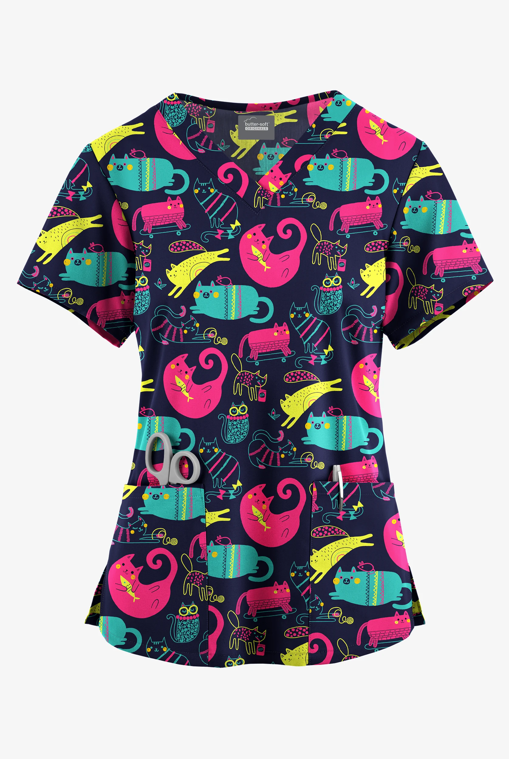 Butter-Soft Originals Playful Kittens Navy Women's 4-Pocket Rounded V-Neck Print Scrub Top