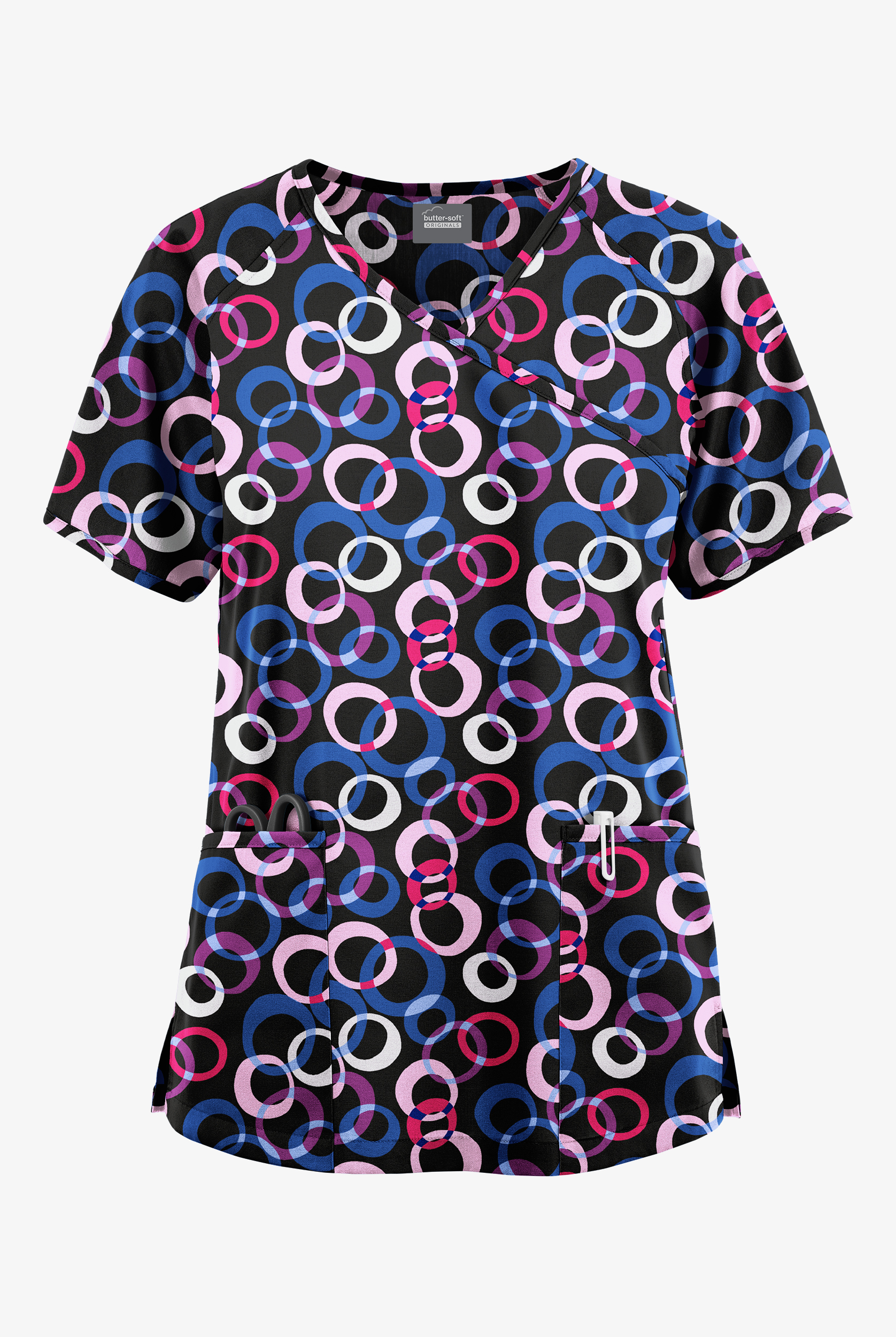 Butter-Soft Originals Groovy Geo Women's 3-Pocket Raglan Sleeve V-Neck Mock Wrap Print Scrub Top