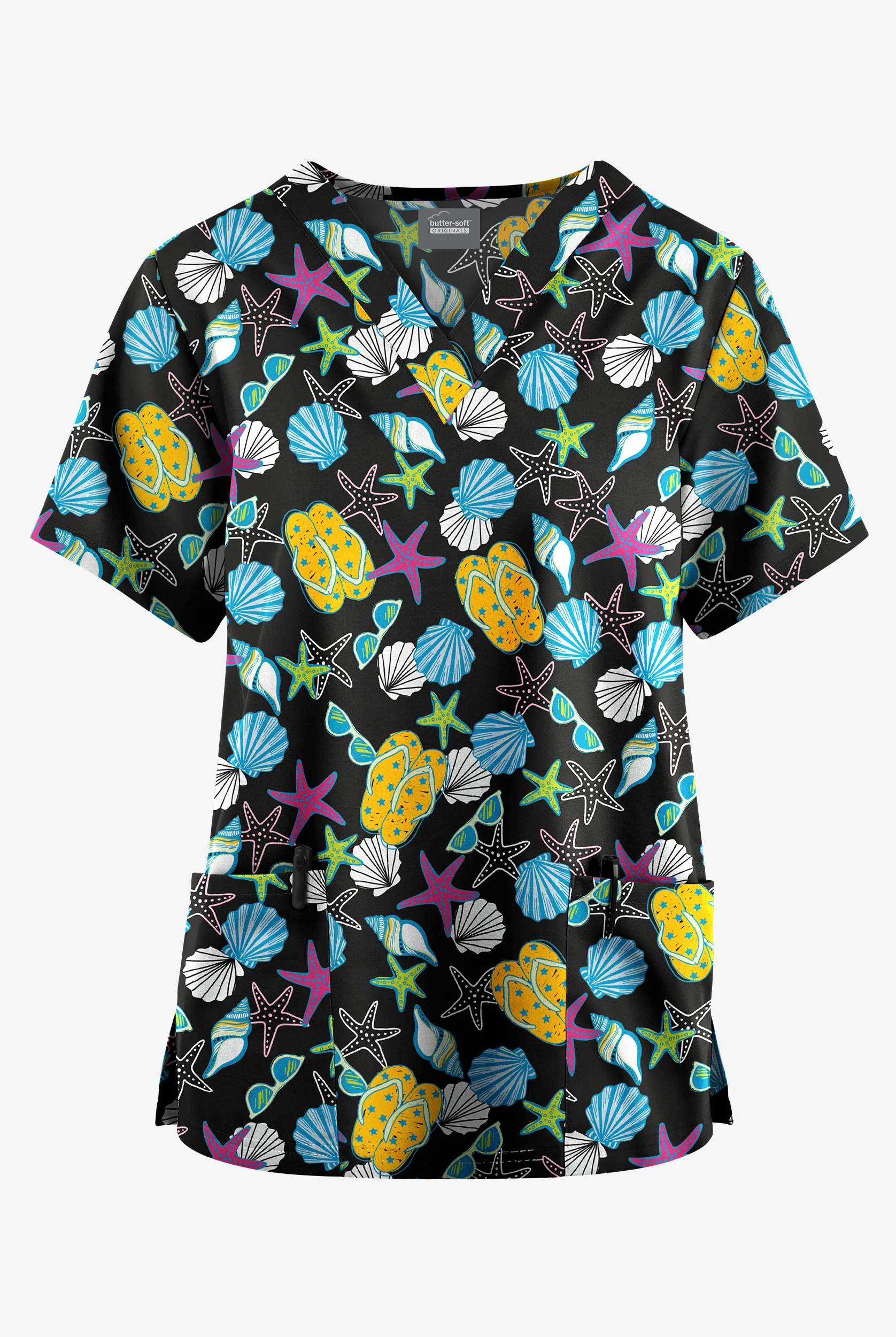 Butter-Soft Originals Walk On The Beach Women's 2-Pocket Classic Fit V-Neck Print Scrub Top