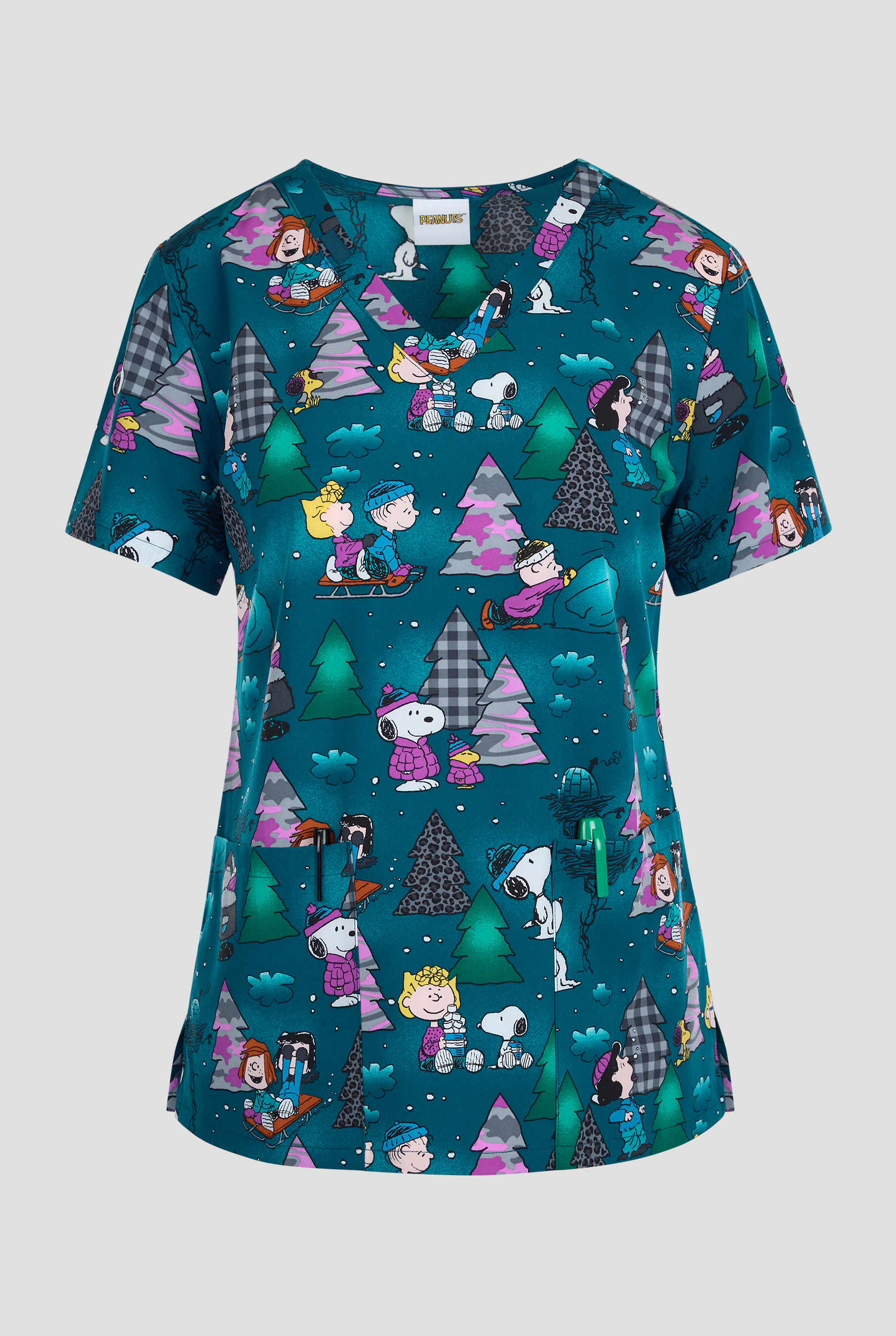 Tooniforms Peanuts Winter Forest Women's 2-Pocket STRETCH V-Neck Print Scrub Top