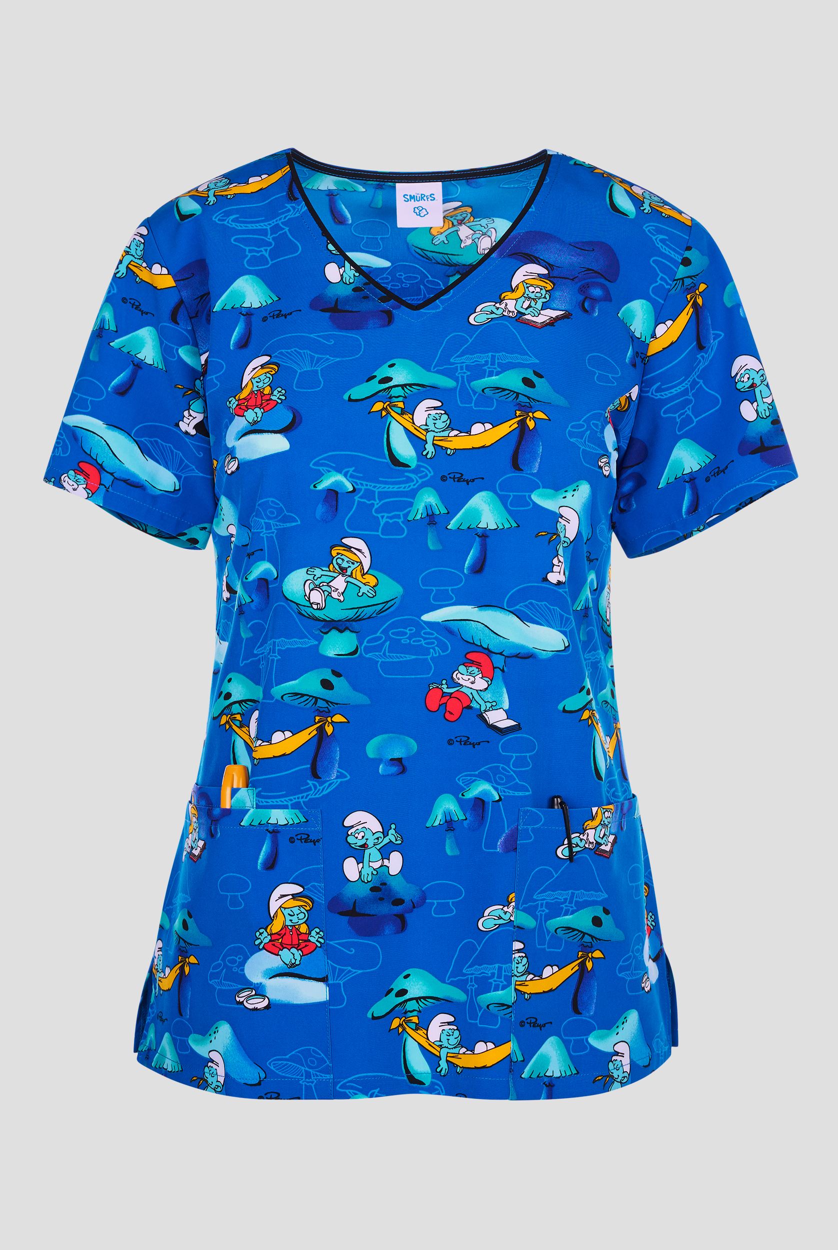 Blusa médica estampada Tooniforms Smurfs STRETCH con cuello en V y 3 bolsillos para mujer