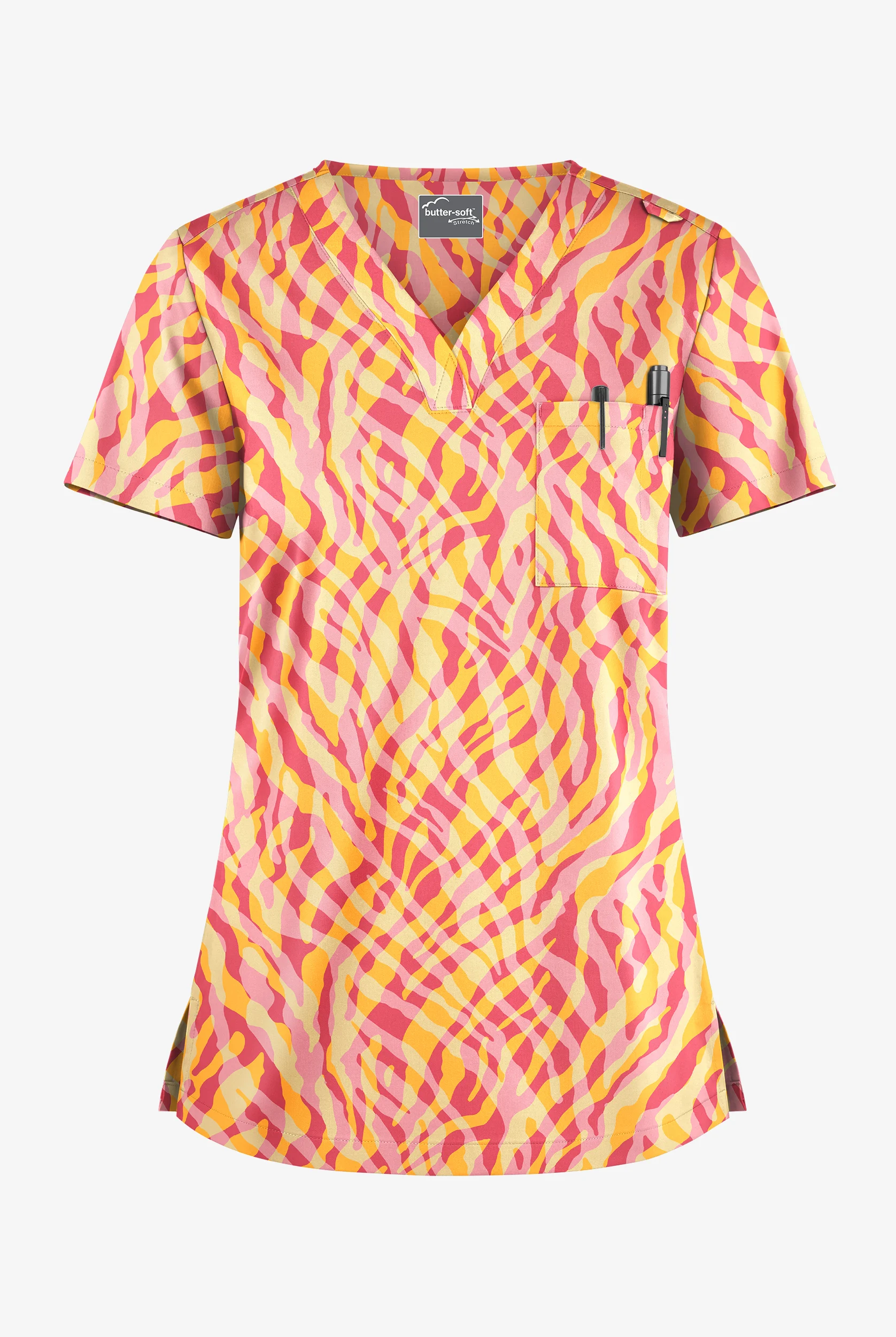 Butter-Soft STRETCH Tropical Zebra Rouge Rose Women's 1-Pocket V-Neck Print Scrub Top