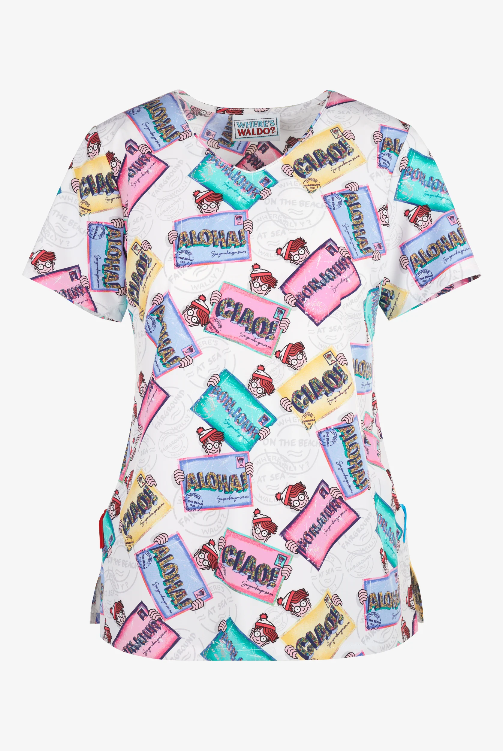 Tooniforms Where's Waldo? I&rsquo;m Right Here Women's 2-Pocket STRETCH V-Neck Print Scrub Top