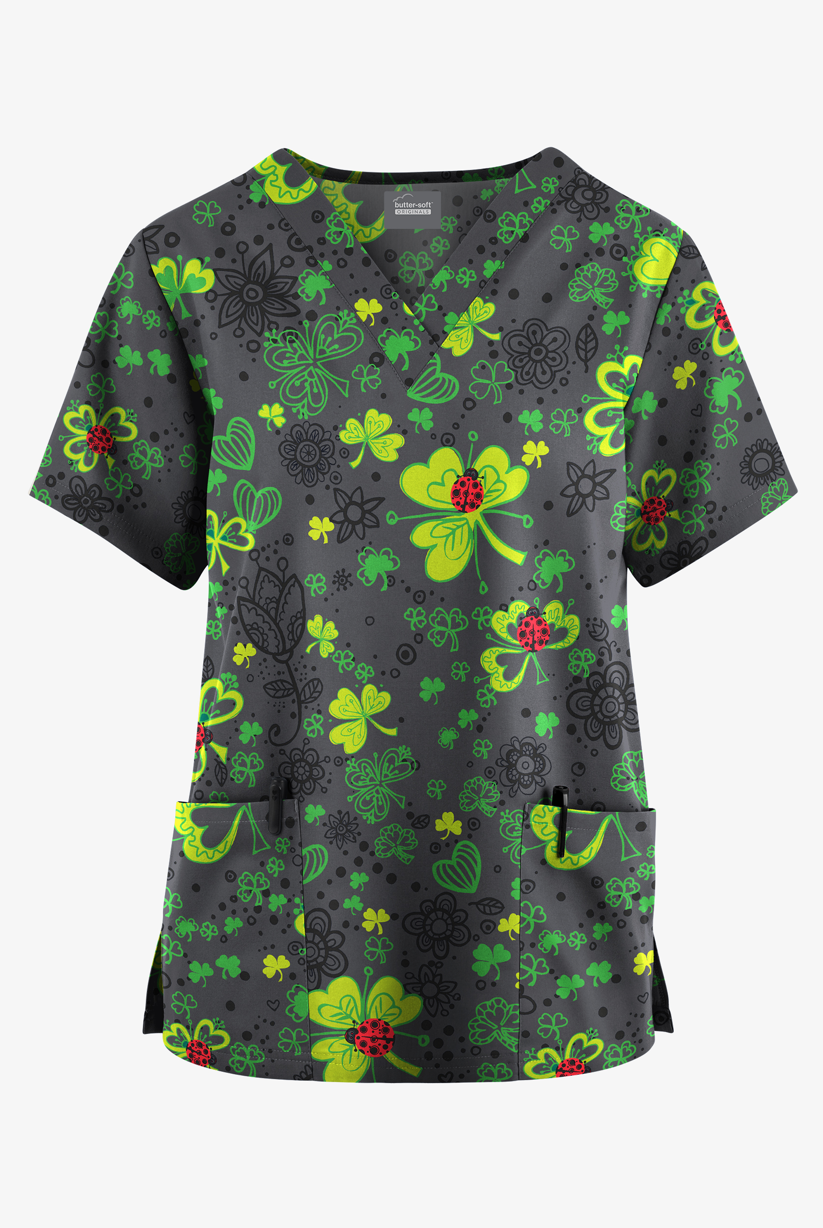 Butter-Soft Originals Ladies & Clovers Pewter Women's 2-Pocket Classic Fit V-Neck Print Scrub Top