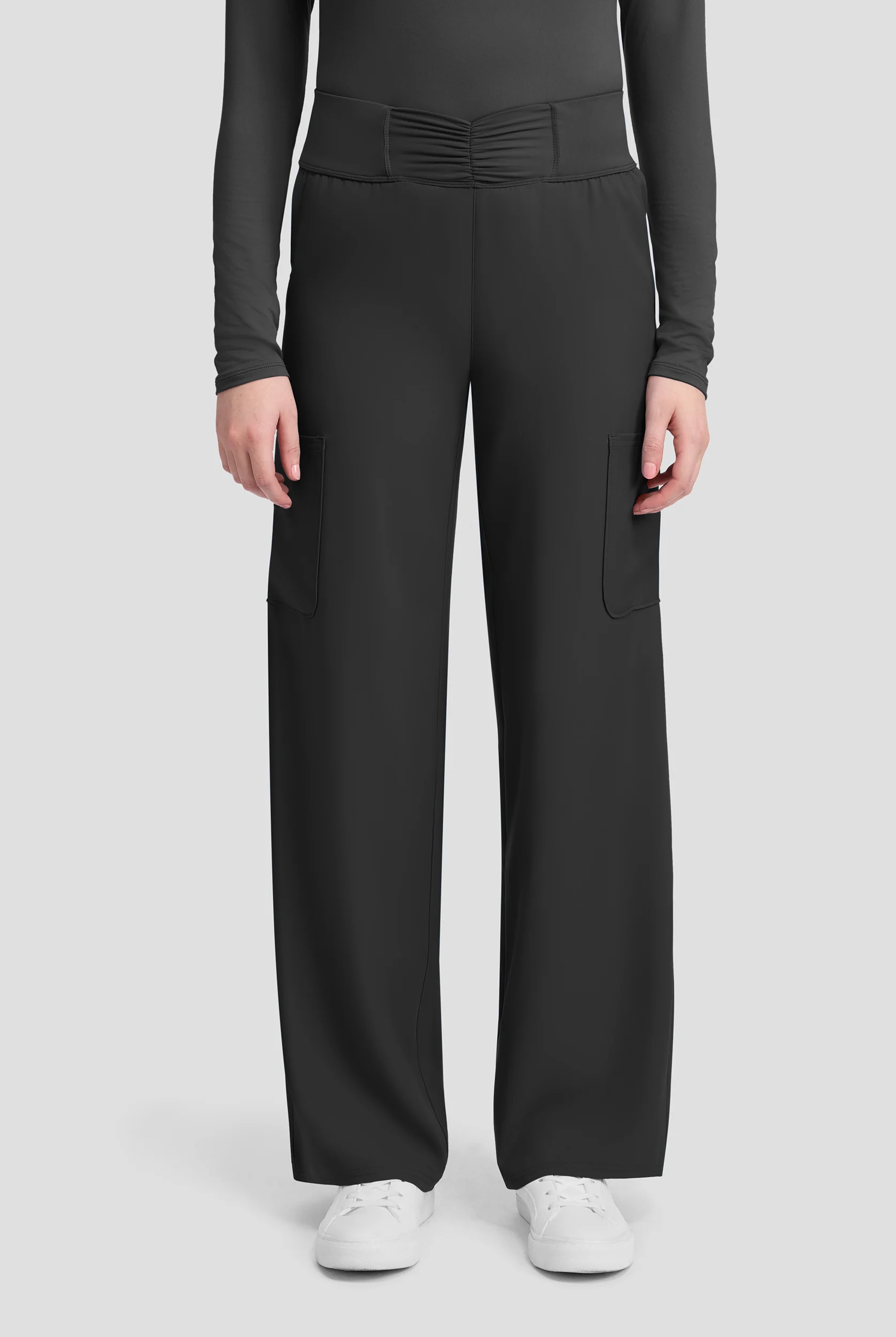 Med Couture Insight Women's 5-Pocket Ruched High Waisted Wide Leg Cargo Scrub Pant - Petite