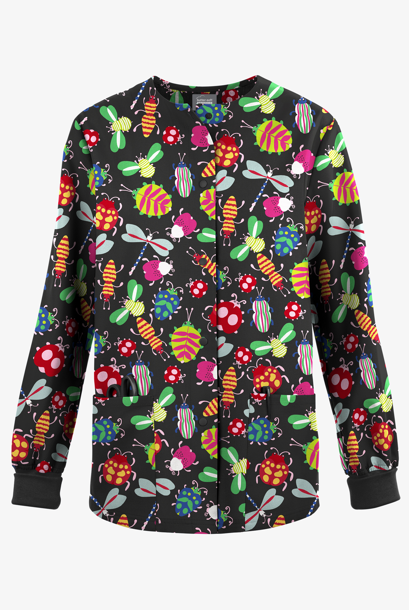 Butter-Soft Originals Happy Bugs Black Women's 3-Pocket Snap Front Print Scrub  Jacket