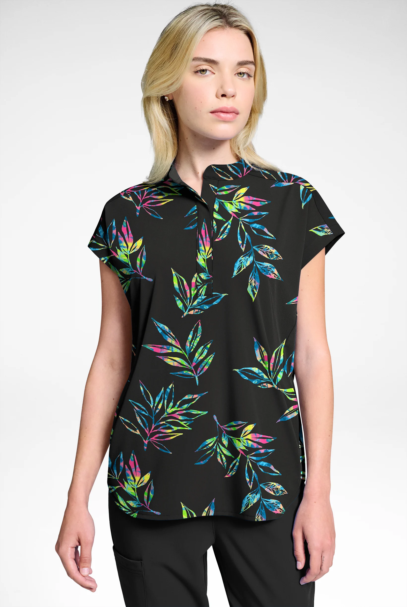 Butter-Soft STRETCH Night Garden Black Women's Dolman Print Scrub Top
