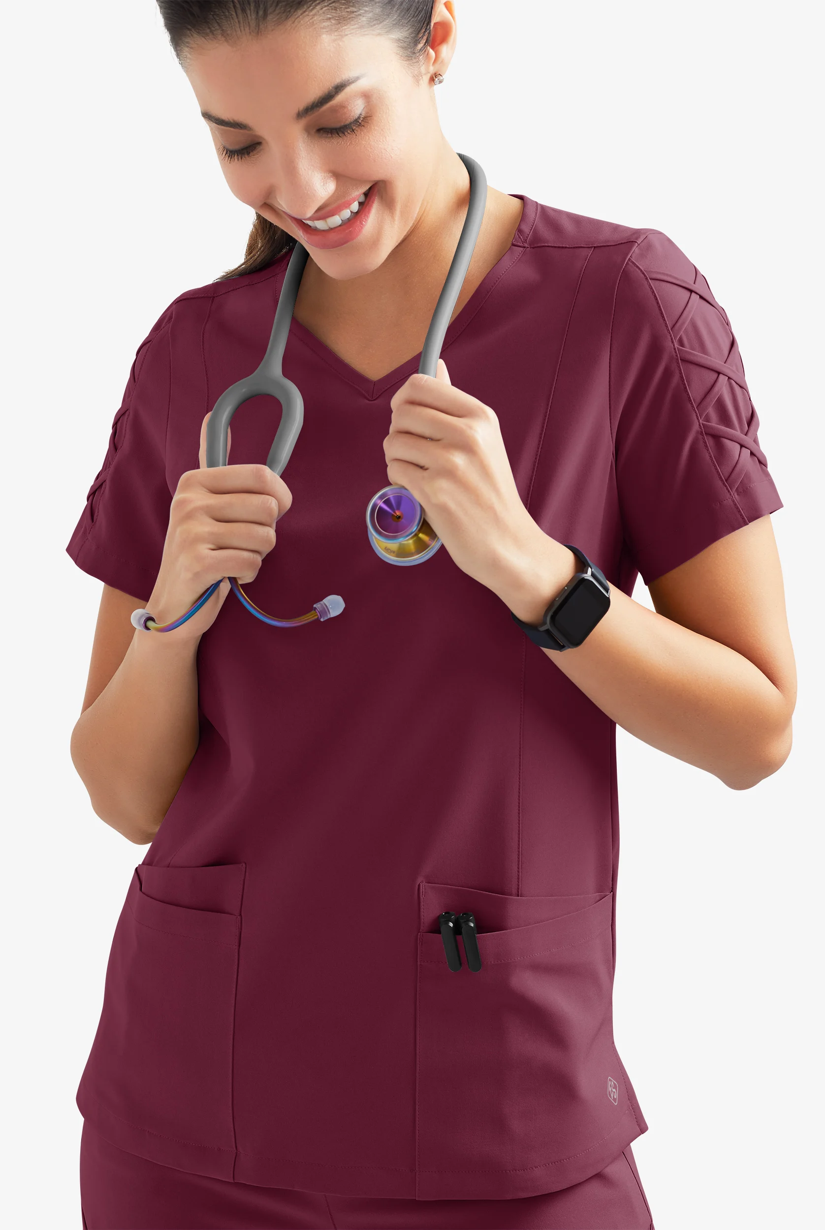 Easy STRETCH Kylie Woman's 5 Pocket V-Neck With Criss-Cross Detail Scrub Top
