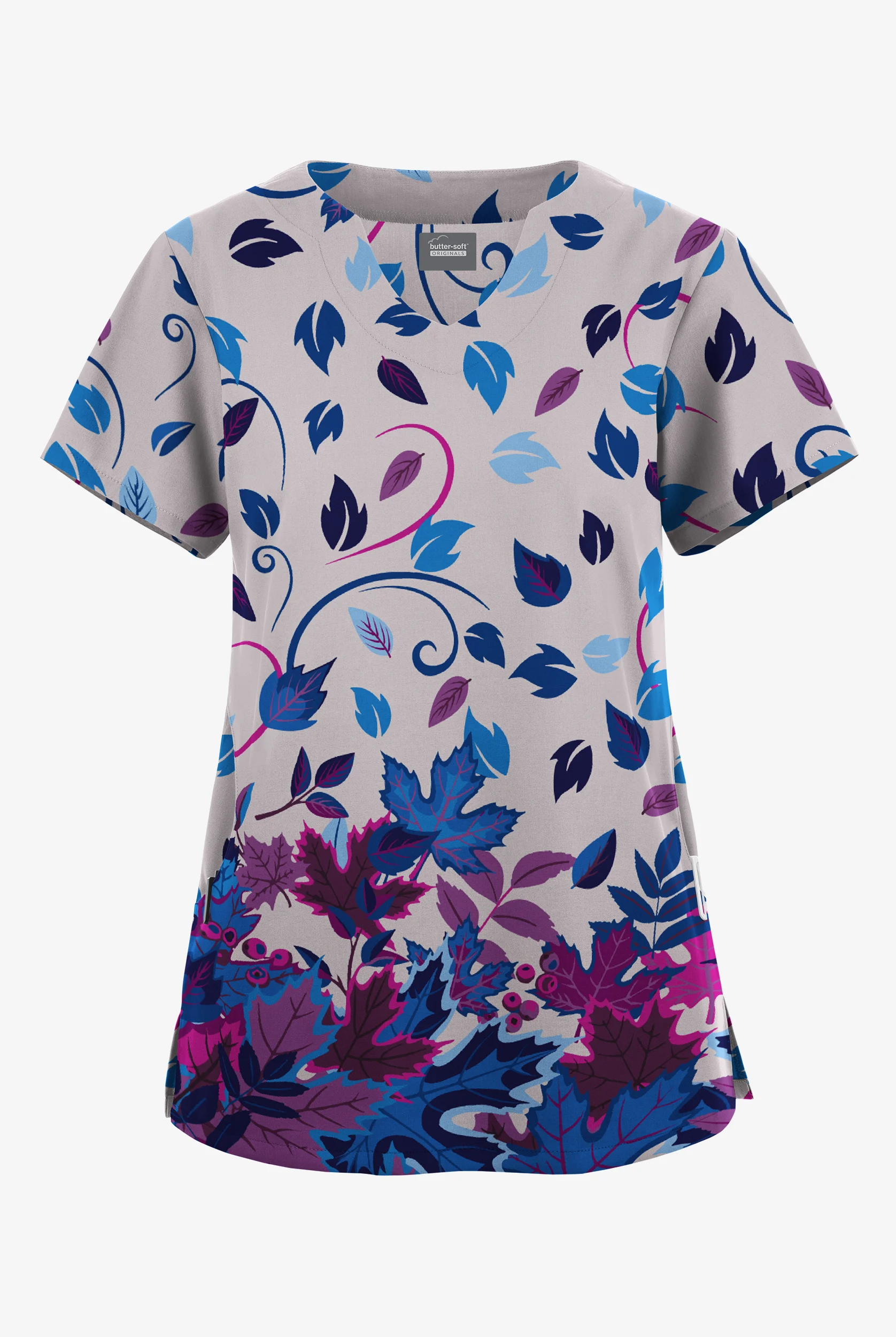 Butter-Soft Originals Autumn Walk Silver Women's 2-Pocket Scallop Neck Print Scrub Top