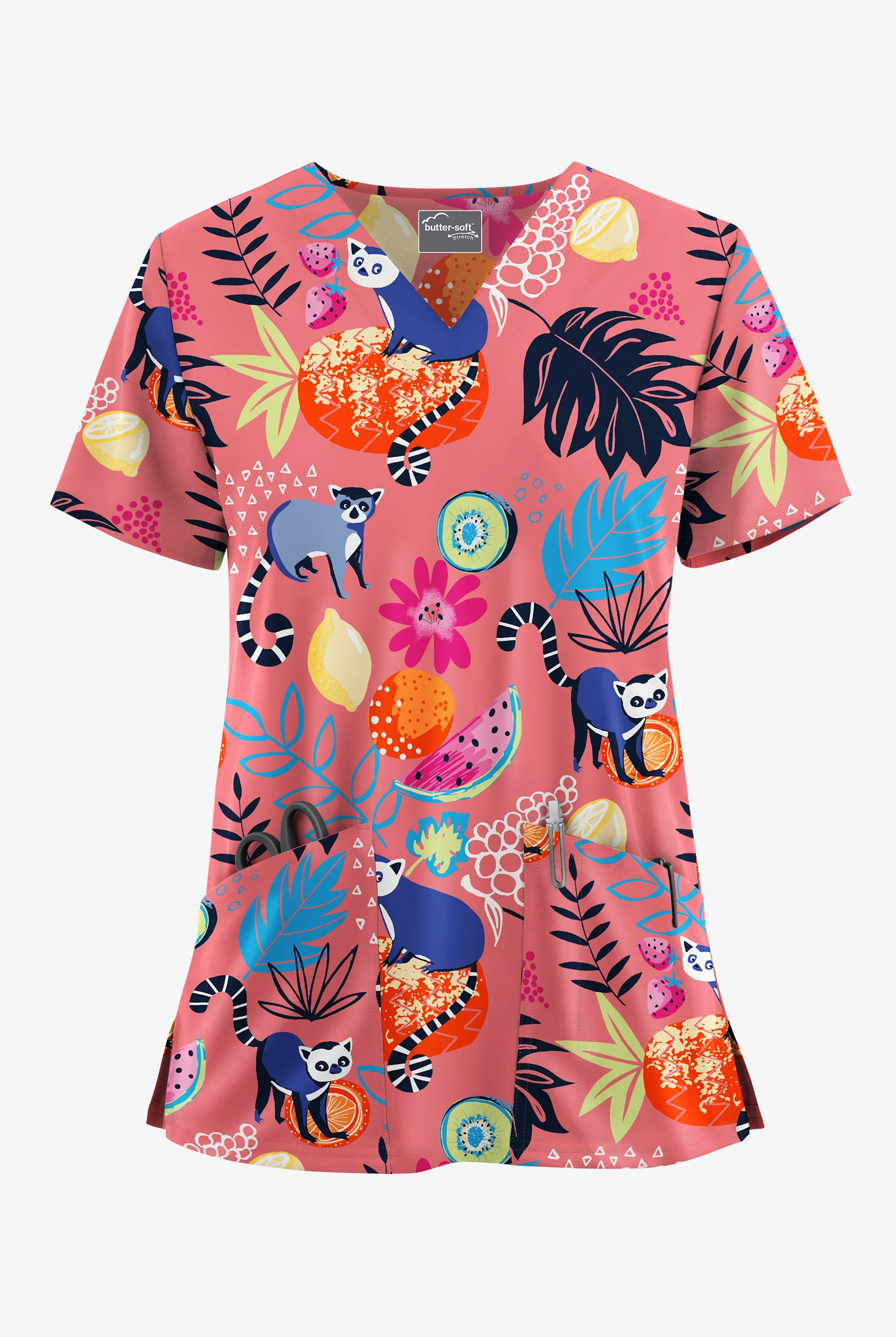 Butter-Soft STRETCH Lemur Land Rouge Rose Women's 2-Pocket V-Neck Print Scrub Top