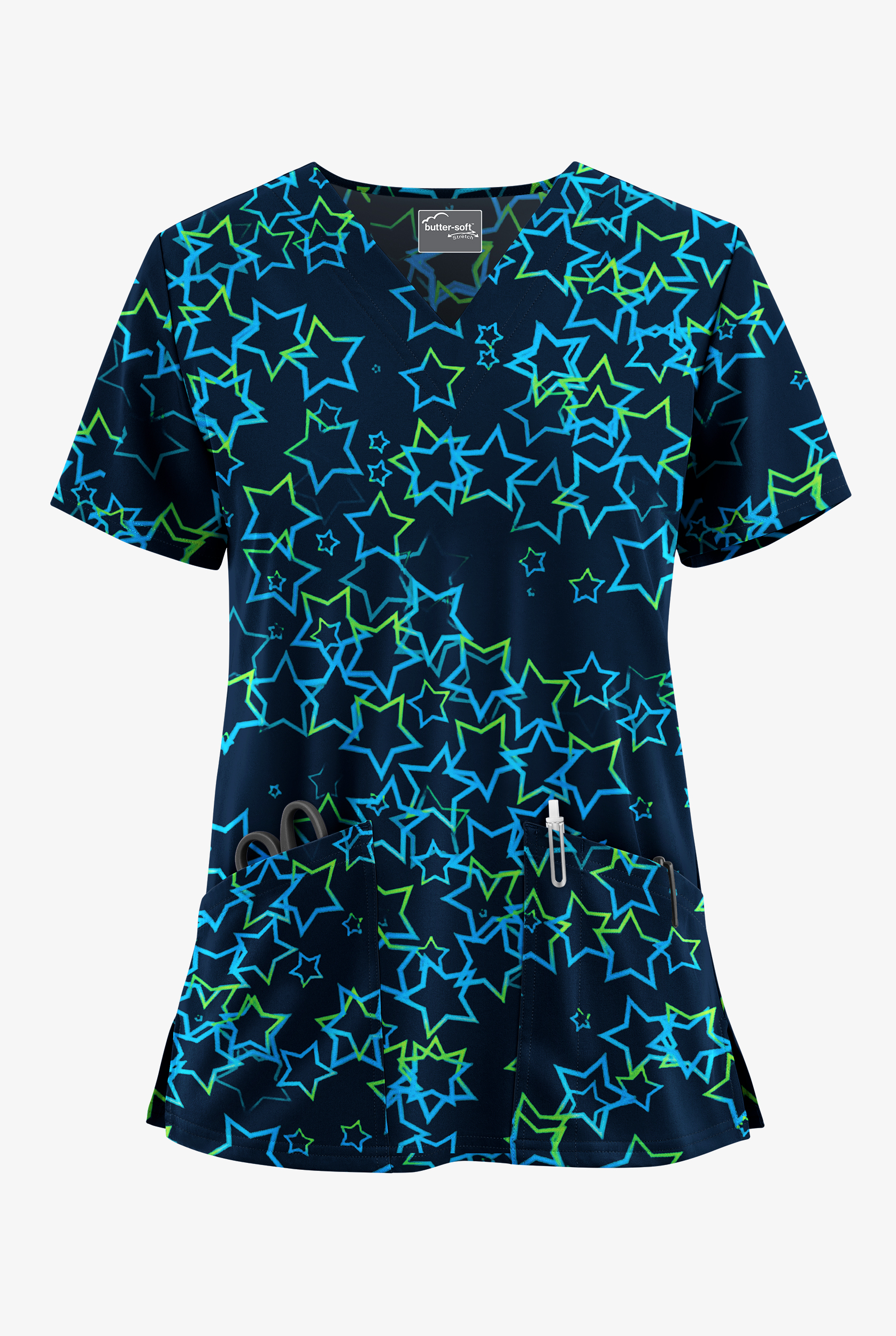 Butter-Soft STRETCH Kaleidoscope Stars Navy Women's 2-Pocket V-Neck Print Scrub Top