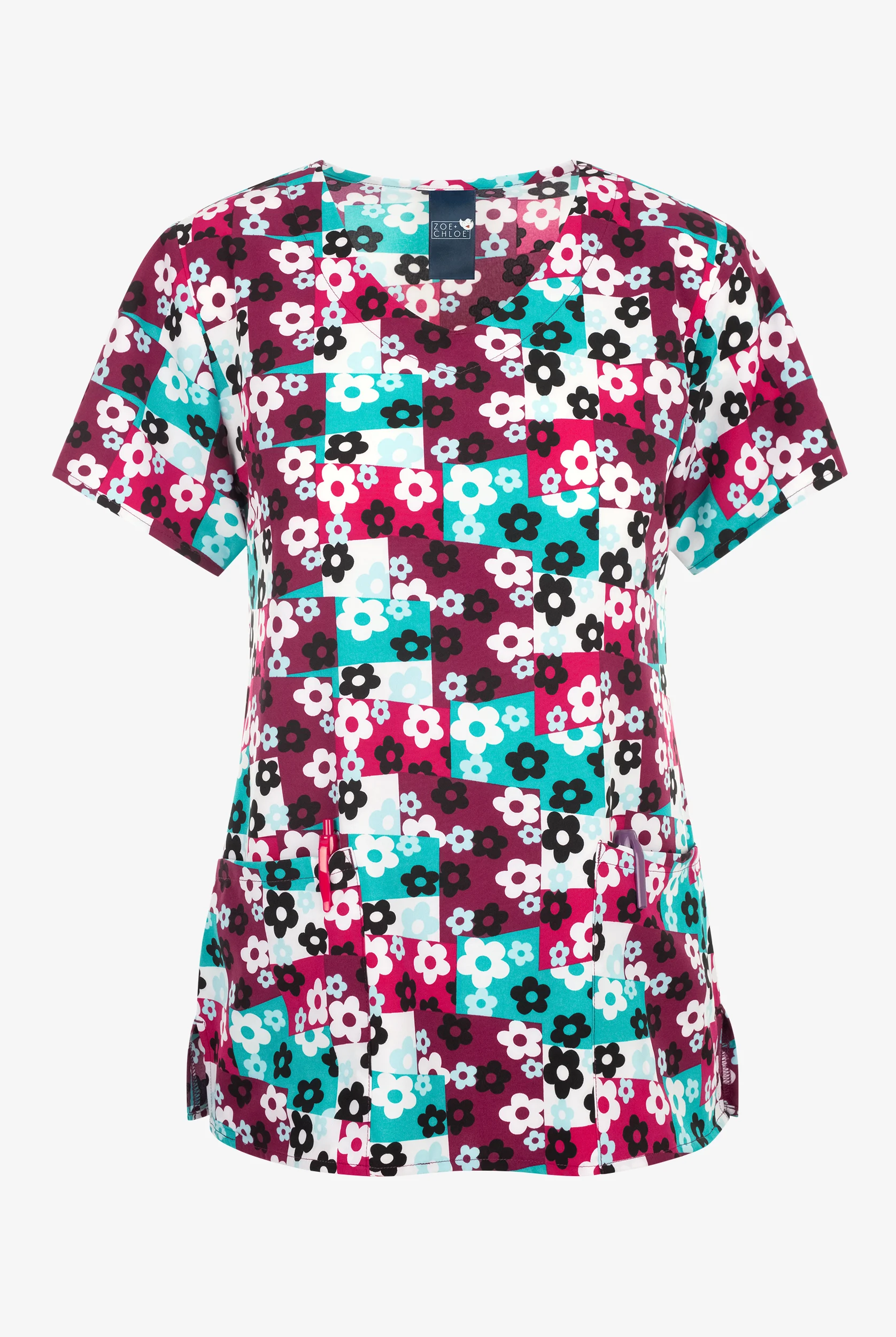 Zoe & Chloe Skater Check Wine Floral Women's 2-Pocket STRETCH V- Neck Print ScrubTop